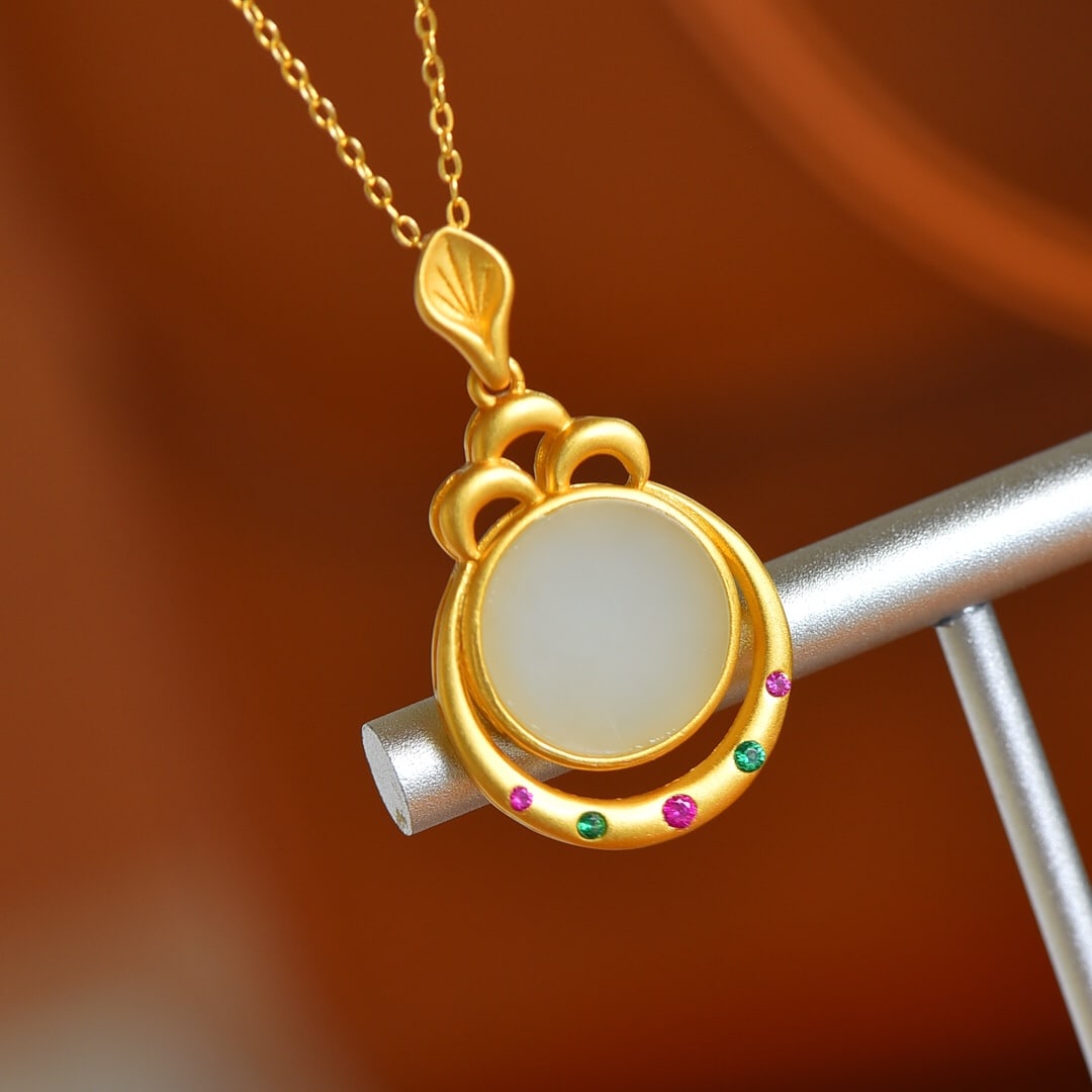 An Exquisite Sterling Silver-Gold Plated Inlaid White Jade Necklace,Inlaid Gems