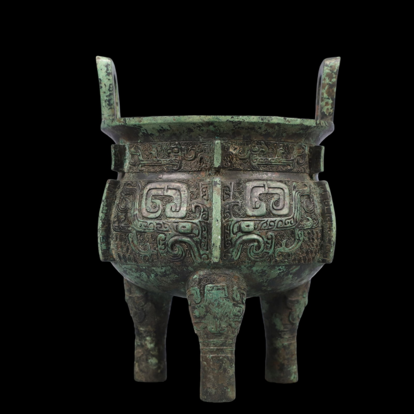 A Precious Bronze Beast-Face Pattern Double-Ears and Tripod Censer,With Inscription