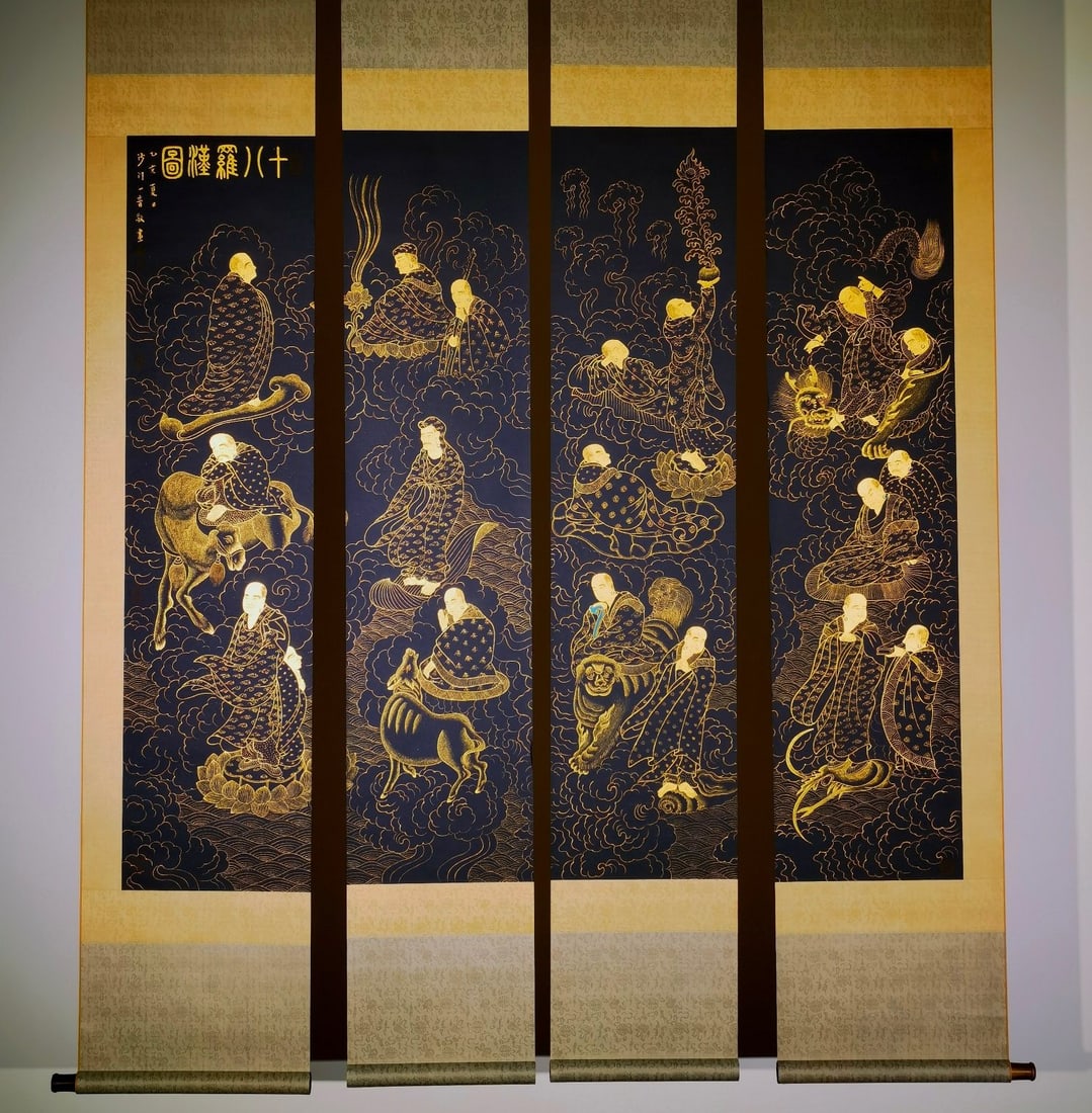 A Chinese Hand Scroll Ink Painting of Character and Story on Silk: A Chinese Hand Scroll Ink Painting of Character and Story on Silk,Leng Bai,Size:(entirety)210.6inx12.6in,(Without frame)120.9inx12.6in