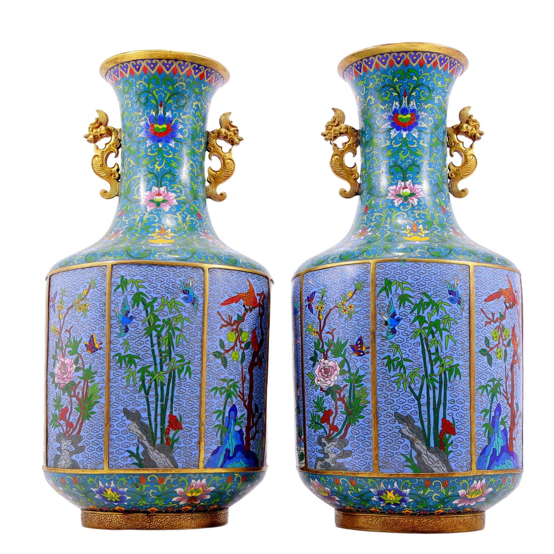 A pair of exquisite cloisonn?? dragon ear vases with flower and bird patterns (1 of 14)