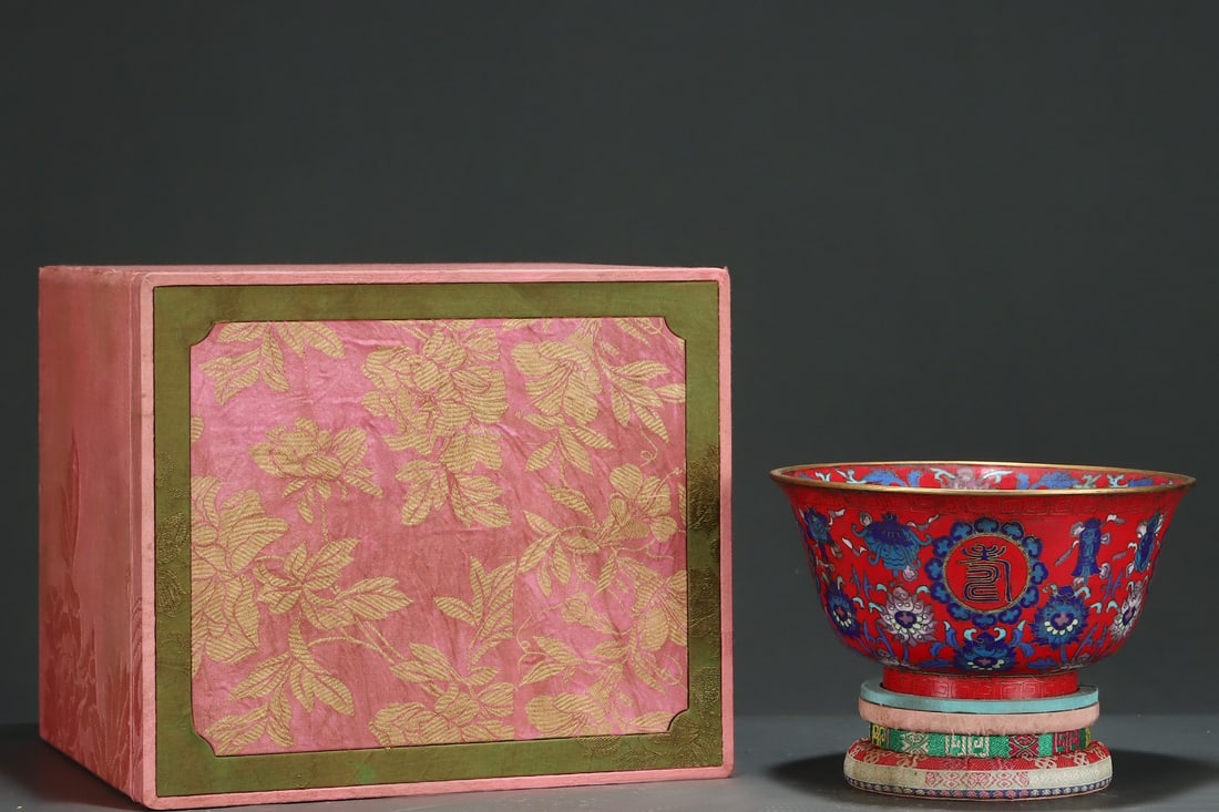 An Exquisite Bronze Red Ground Blue and White Famille-Rose Lotus and Eight Treasures Pattern Bowl: An Exquisite Bronze Red Ground Blue and White Famille-Rose Lotus and Eight Treasures Pattern Bowl,Qing Dynasty,China,Qianlong Four-character Mark,Size:4inx7.5in