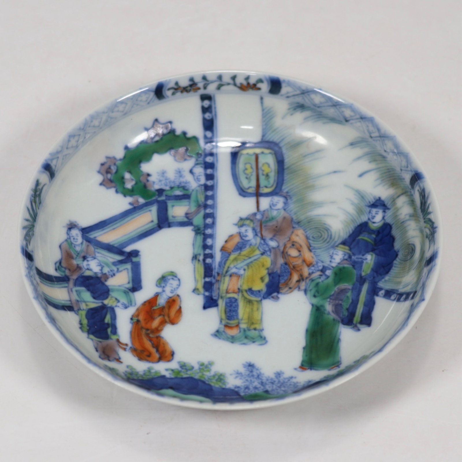 An Exquisite Blue and White Wucai Character and Story Pattern Plate: An Exquisite Blue and White Wucai Character and Story Pattern Plate,Qing Dynasty,China,Size:4.7inx0.9in 青花五彩人物故事纹盘子,中