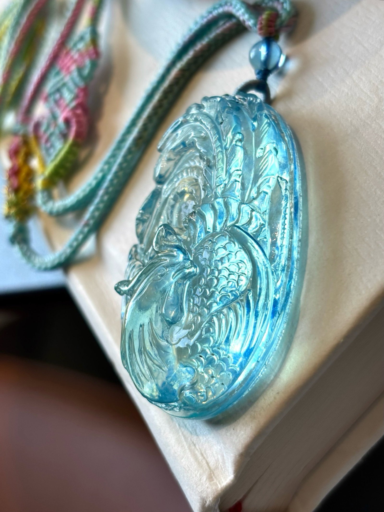 An Exquisite Aquamarine Phoenix Pattern Necklace: An Exquisite Aquamarine Phoenix Pattern Necklace,Size:45mmx26mmx12mm,Weight:23.2g 海蓝宝凤纹项链