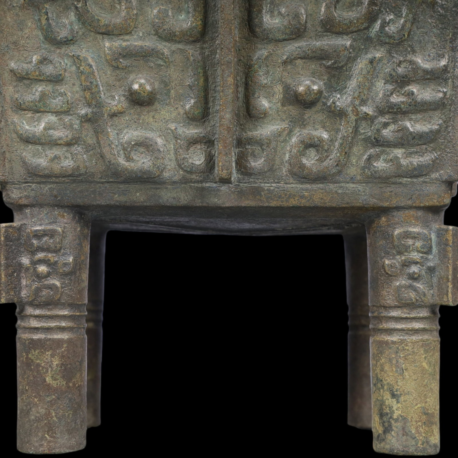 A Rare Bronze Beast-Face Pattern Double-Ears Ding - 3