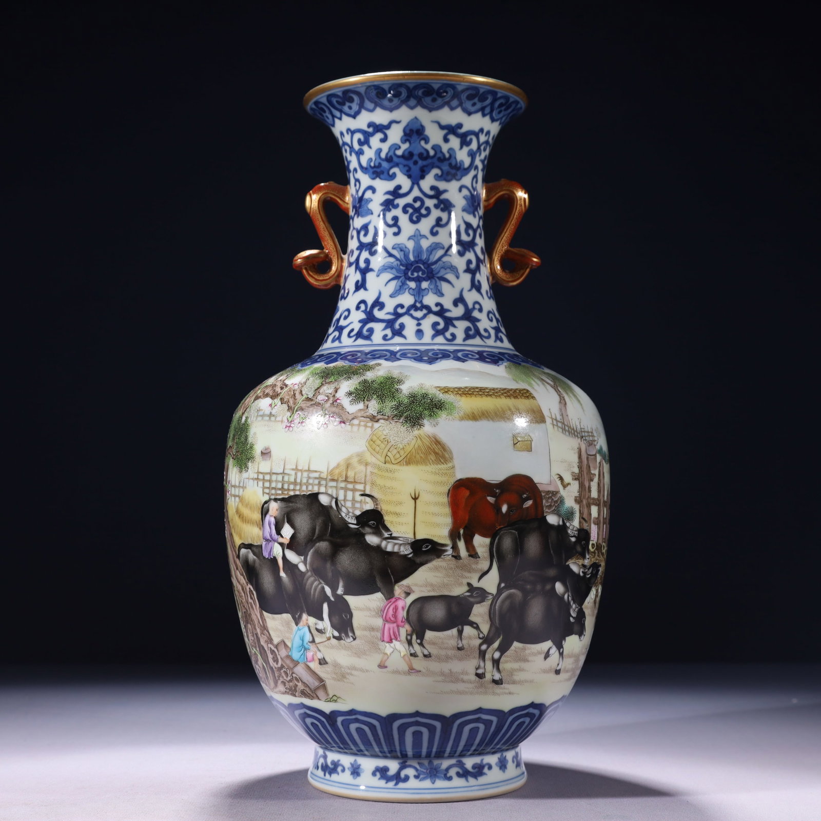 An Exquisite Blue and White Enamel Painted Gold Buffalo Pattern Double-Ears Vase,with poem: An Exquisite Blue and White Enamel Painted Gold Buffalo Pattern Double-Ears Vase,with poem,Qing Dynasty,China,Qianlong Six-character Mark,Size:6.3inx13in,Weight:2050g 青花珐琅&
