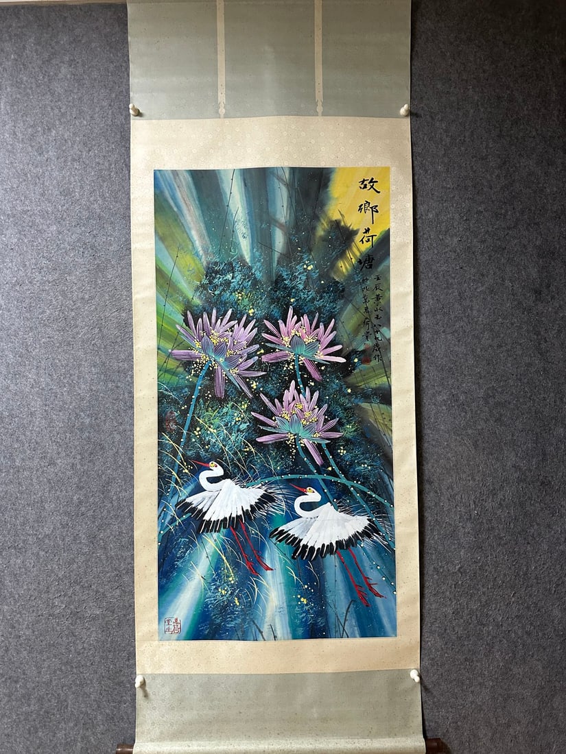 An Exquisite Chinese Vertical Scroll Ink Painting of Flower on Paper: An Exquisite Chinese Vertical Scroll Ink Painting of Flower on Paper,Huang Yongyou,Size:53.9inx27.2in 一幅中国水墨花卉画立轴,黄&