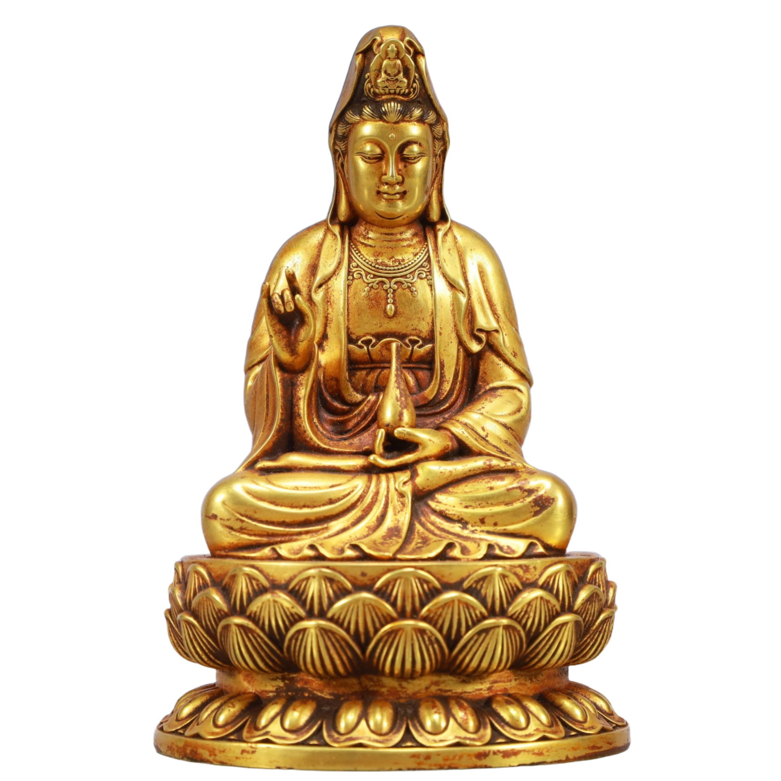 A Solemn Gilt Bronze Statue of Avalokitesvara: A Solemn Gilt Bronze Statue of Avalokitesvara,Ming Dynasty, China,Yongle Six-character Mark,Size:4.1inx3.3inx6.5in,Weight:1950g 铜鎏金观音像,中国明