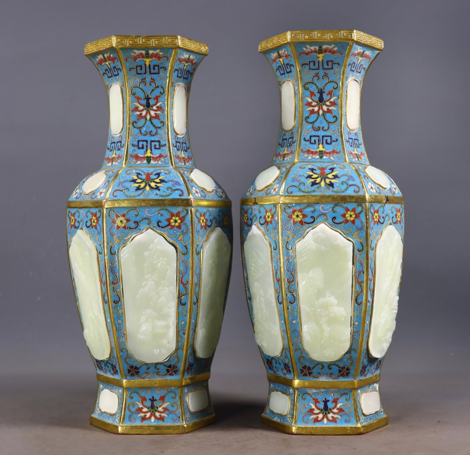A Pair of Exquisite Cloisonne Inlaid White Jade Lotus Pattern Vases: A Pair of Exquisite Cloisonne Inlaid White Jade Lotus Pattern Vases,Qing Dynasty,China,Kangxi Four-character Mark,Size:11inx4.3in,Weight:2960g 一对景泰蓝嵌白&