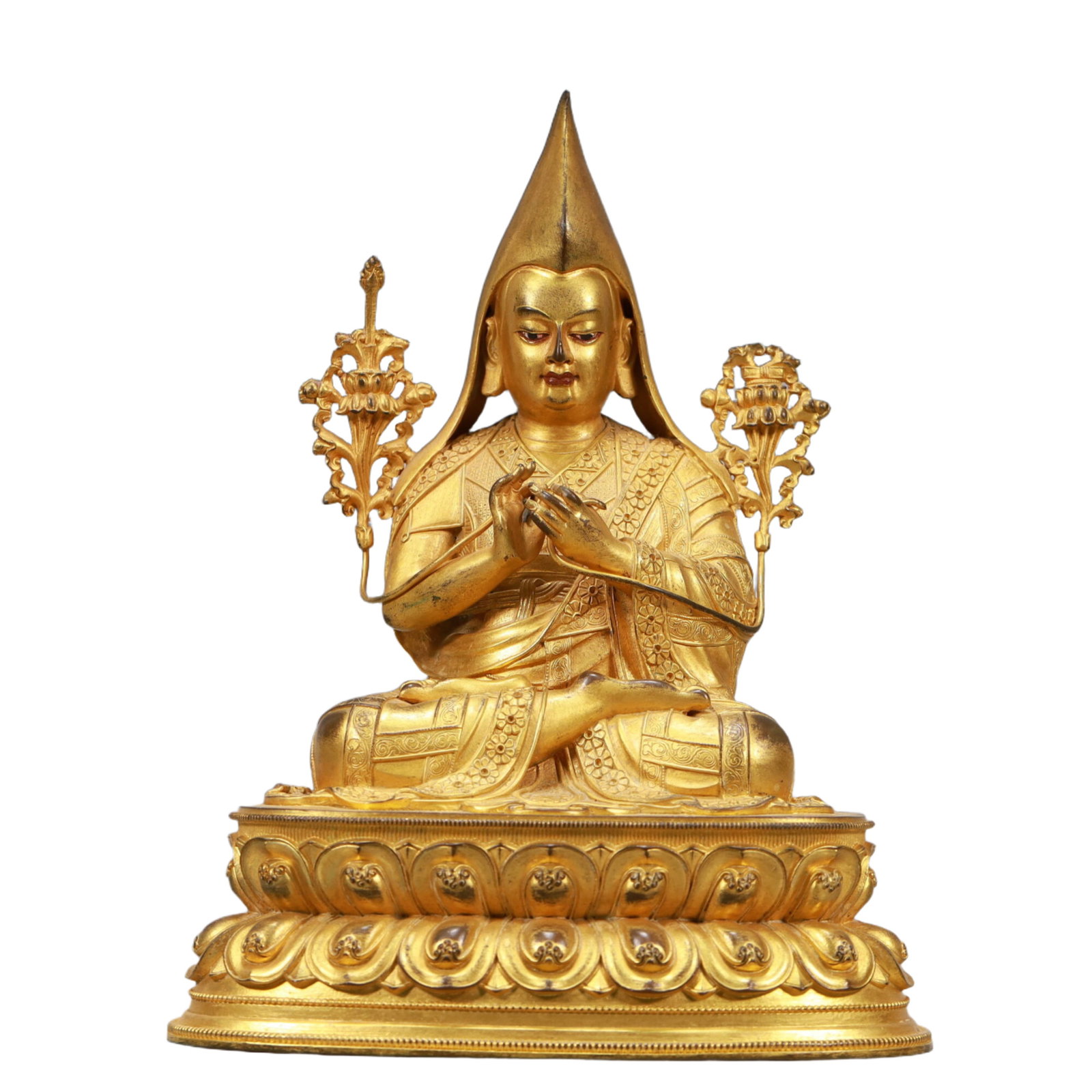 An Excellent Gilt-Bronze Figure Of Tsongkapa: An Excellent Gilt-Bronze Figure Of Tsongkapa. The figure with a dignified expression is rendered clad in long,flowing robes,the voluminous drapery elegantly cascading in folds,topknot surmounted by a 