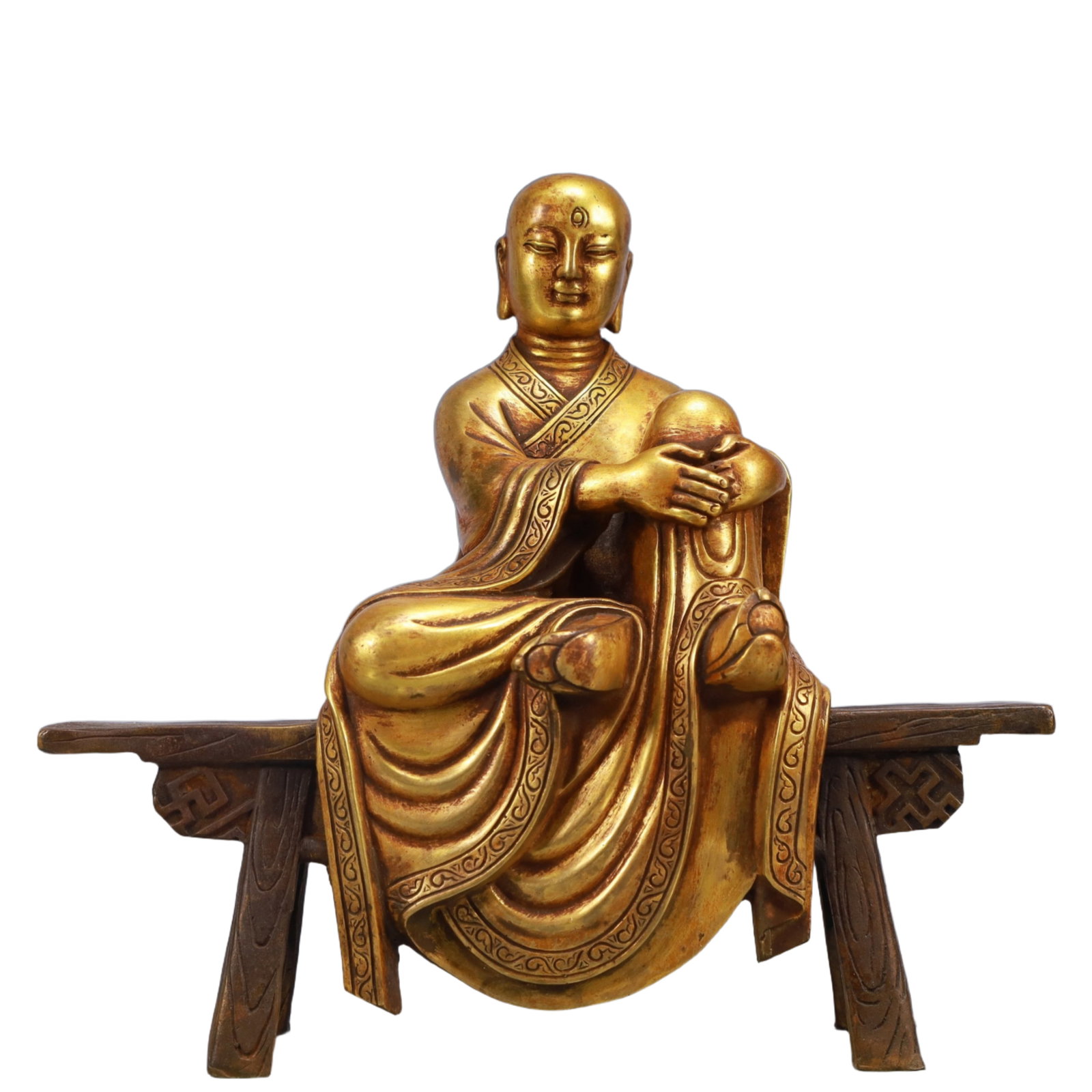 A Solemn Gilt Bronze Buddha Statue: A Solemn Gilt Bronze Buddha Statue,Qing Dynasty, China,Size:8.7inx2.8inx8.1in,Weight:1800g 铜鎏金佛像,中国清代