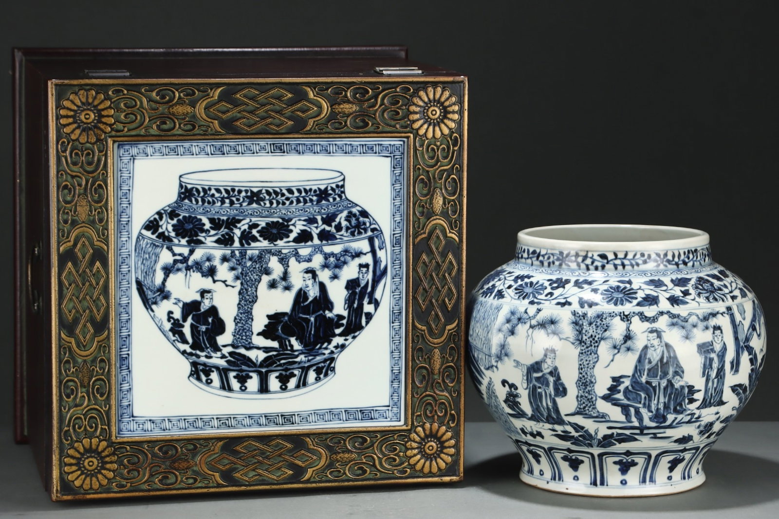 An Exquisite Blue and White Lotus Pattern Character and Story Pattern Jar: An Exquisite Blue and White Lotus Pattern Character and Story Pattern Jar,Yuan Dynasty,China,Size:10.7inx13in 青花缠枝莲纹人物故事纹&#