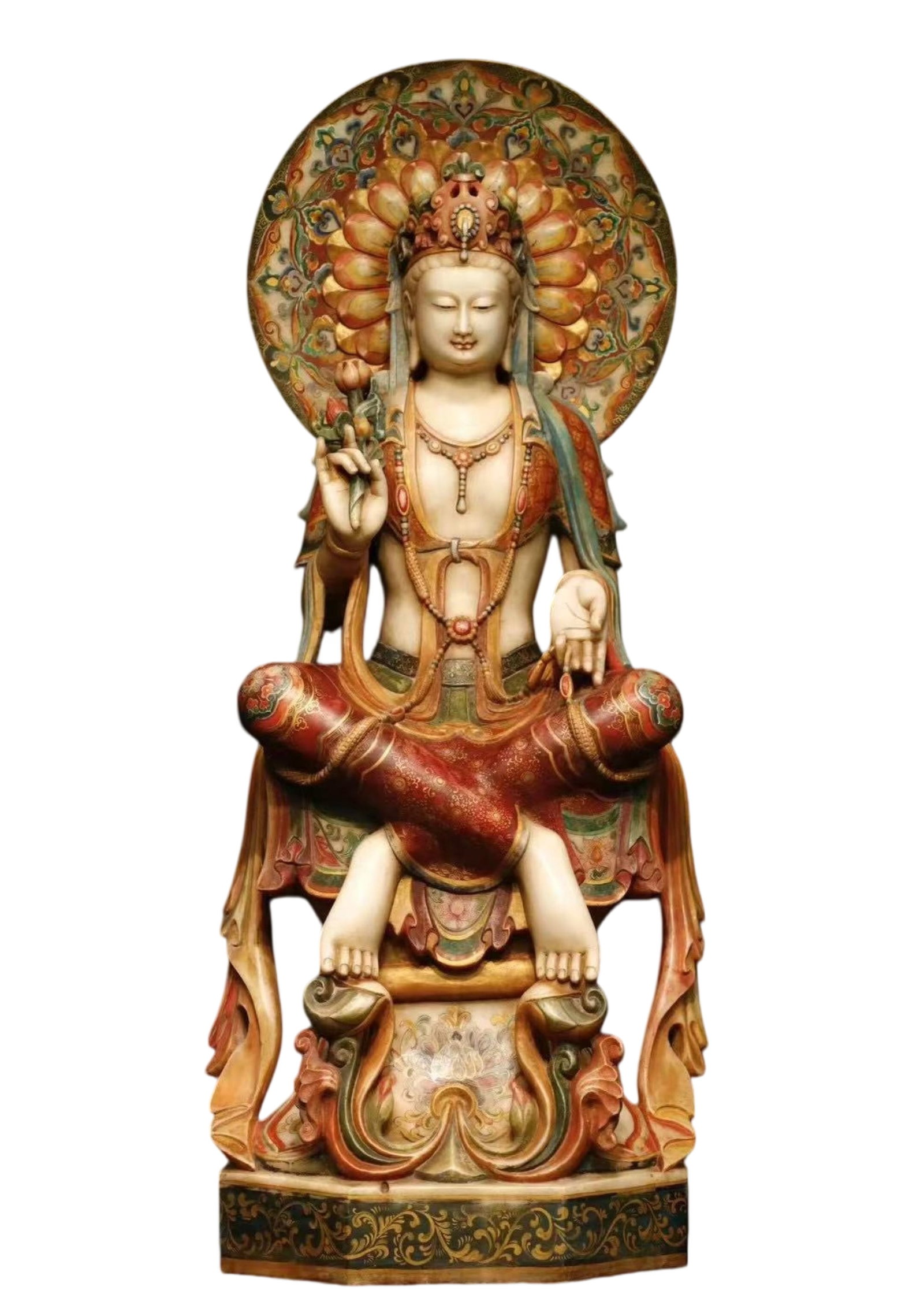 A Solemn Marble Painted Color Statue of Avalokitesvara: A Solemn Marble Painted Color Statue of Avalokitesvara,N.Qi , China,Size:59.1inx23.6inx17.7in 一尊庄严的汉白玉彩绘观音像,&