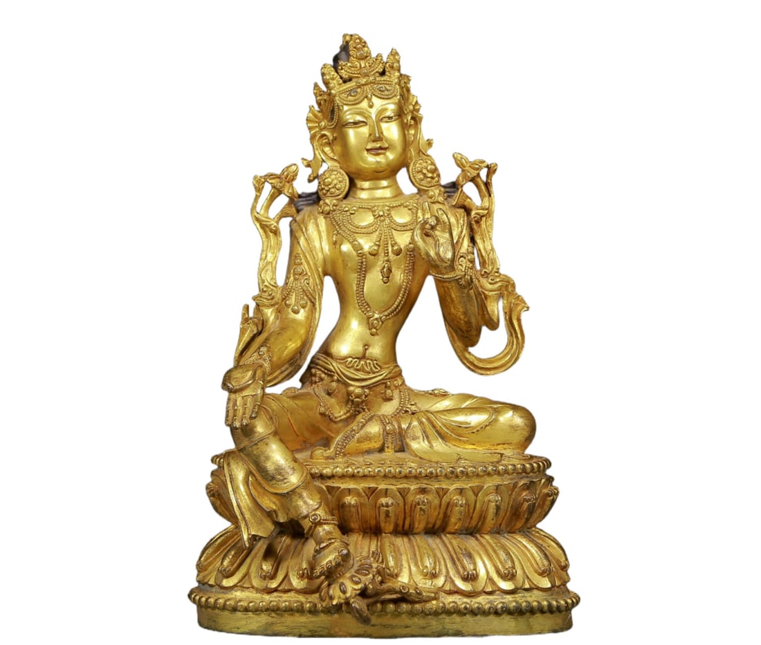A Solemn Gilt Bronze Statue of Tara: A Solemn Gilt Bronze Statue of Tara,Ming Dynasty, China,Size:6.7inx6.3inx10.6in,Weight:3940g 铜鎏金度母像，明代