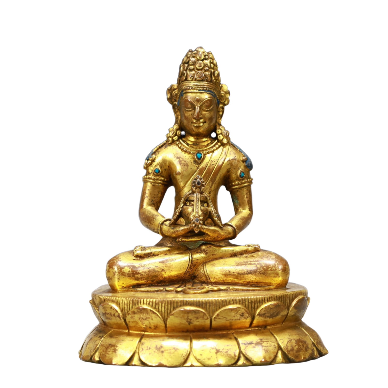 A Solemn Gilt Bronze Statue of Amitayus,Inlaid Turquoise: A Solemn Gilt Bronze Statue of Amitayus,Inlaid Turquoise,Qing Dynasty, China,Size:4.7inx4.3inx6.1in,Weight:1200g 铜鎏金无量寿佛像,嵌绿ਖ਼