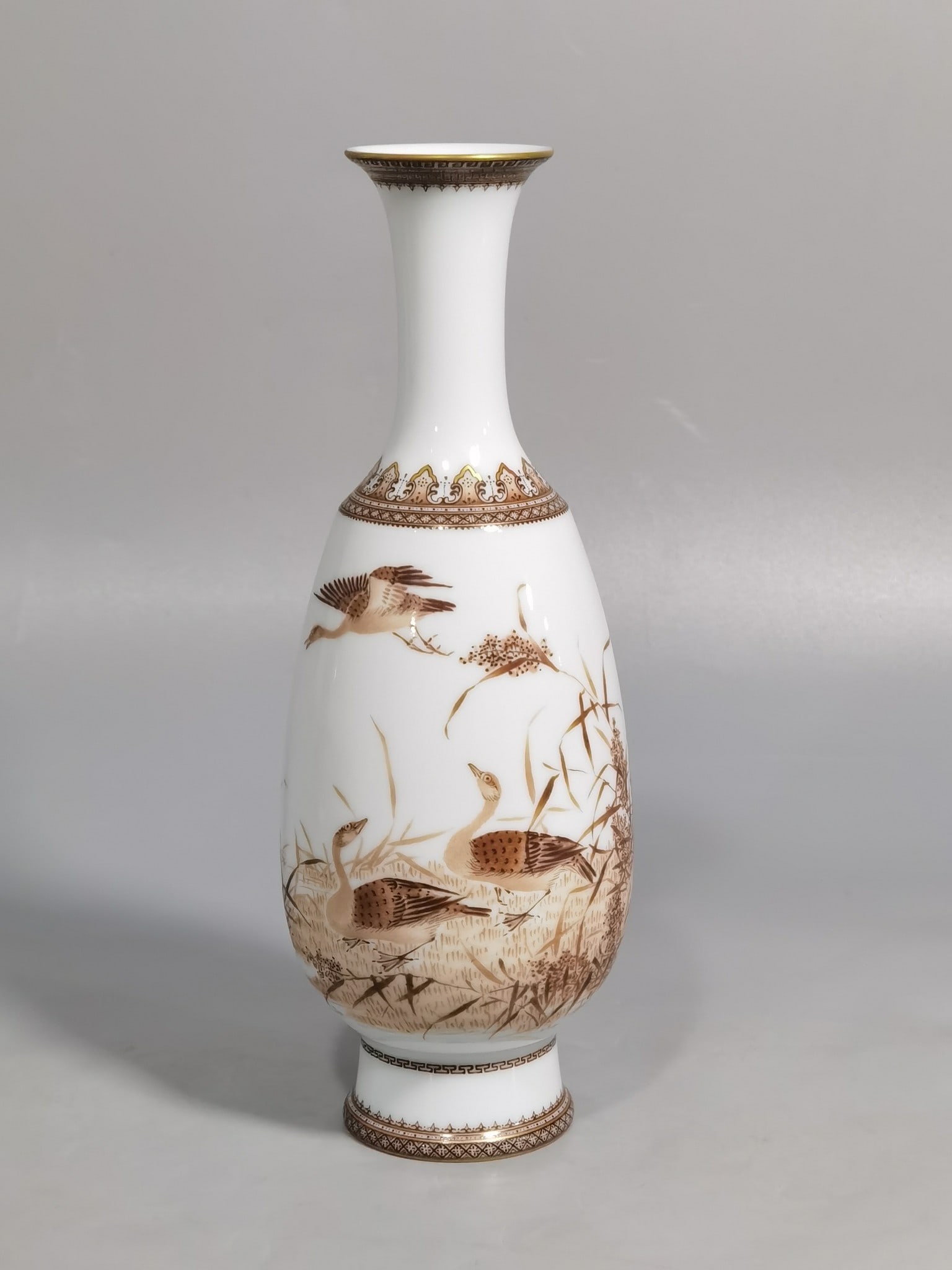 An Exquisite Ink Color Reed Goose Pattern Vase,with poem: An Exquisite Ink Color Reed Goose Pattern Vase,with poem,Qing Dynasty,China,Yongzheng Four-character Mark,Size:7.1inx2.6in 墨彩芦雁纹瓶,带诗文,