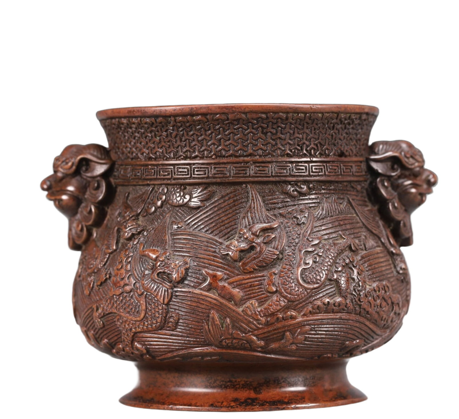 An Exquisite Bronze Dragon Pattern Double-Ears Censer: An Exquisite Bronze Dragon Pattern Double-Ears Censer,Ming Dynasty, China,Xuande Six-character Mark,Size:5.1inx4.3inx3.9in Weight:1050g 铜龙纹双耳香炉,中