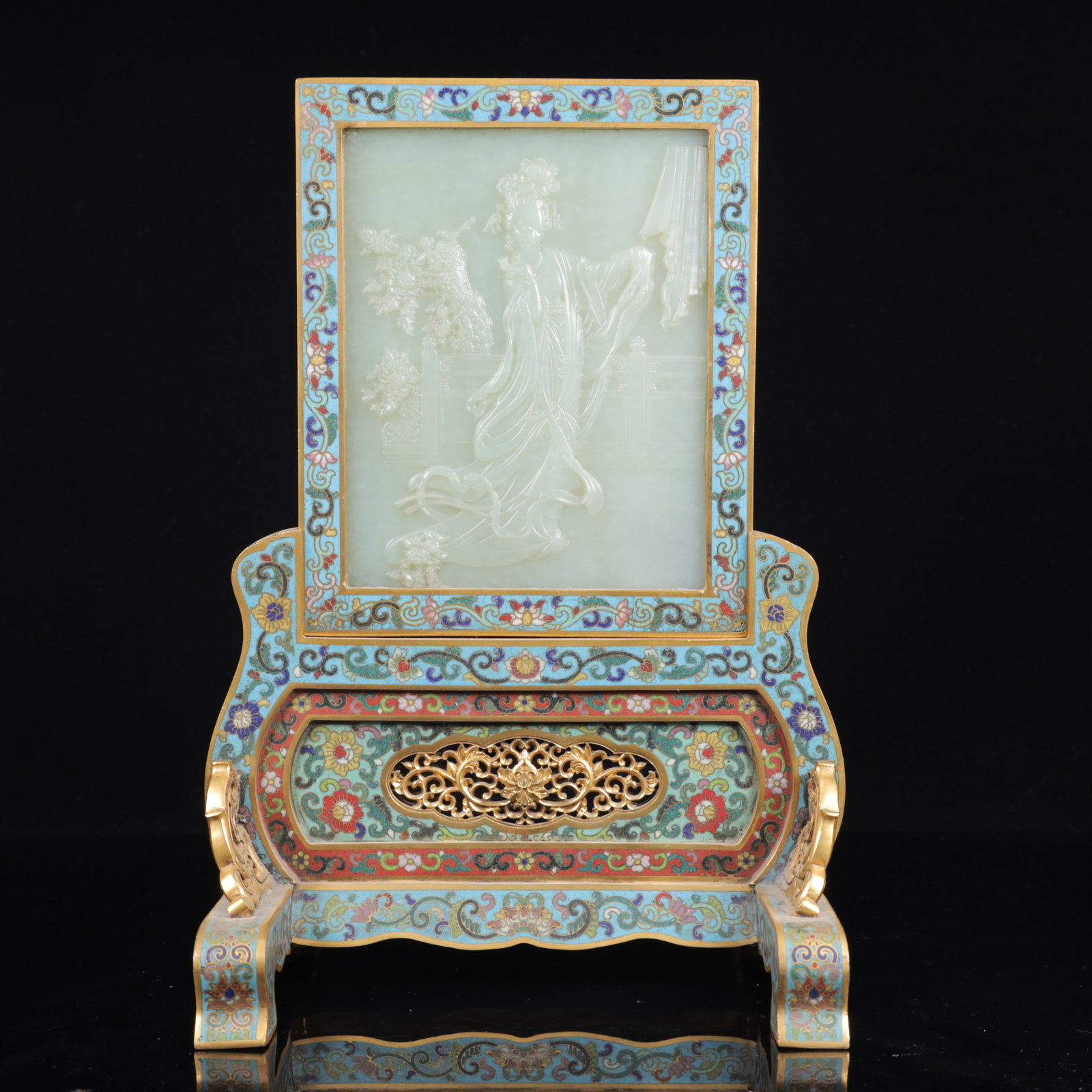 An Exquisite Cloisonne Inlaid White Jade Figure Pattern Table Screen,with poem: An Exquisite Cloisonne Inlaid White Jade Figure Pattern Table Screen,with poem,Qing Dynasty, China,Qianlong Four-character Mark,Size:11.4inx7.9inx5.5in,Weight:2150g 景泰蓝嵌