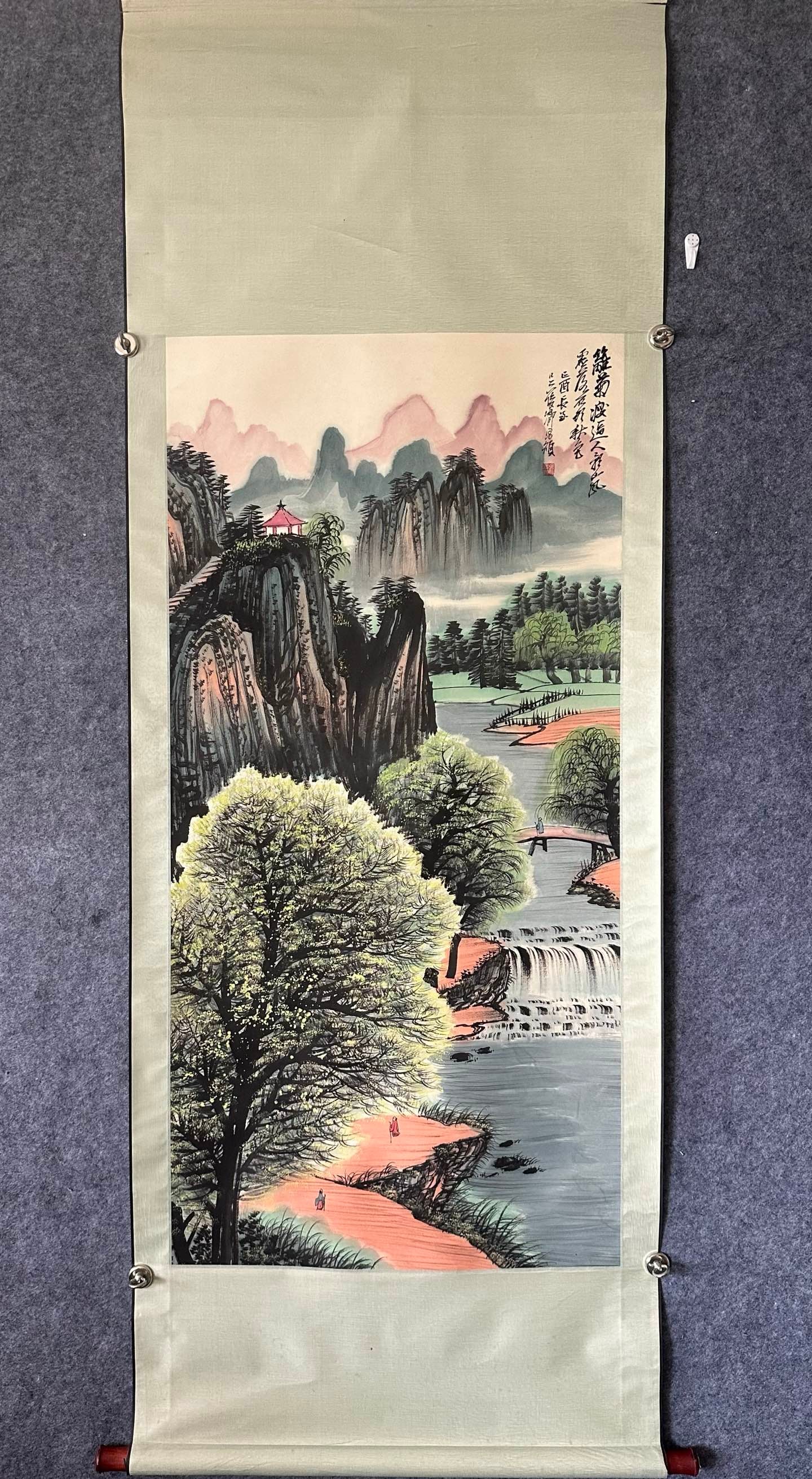 A Chinese Vertical Scroll Ink Painting of Landscape on Paper: A Chinese Vertical Scroll Ink Painting of Landscape on Paper,Wu Changshuo,Size:53.5inx26in 一幅中国水墨山水画立轴,吴昌