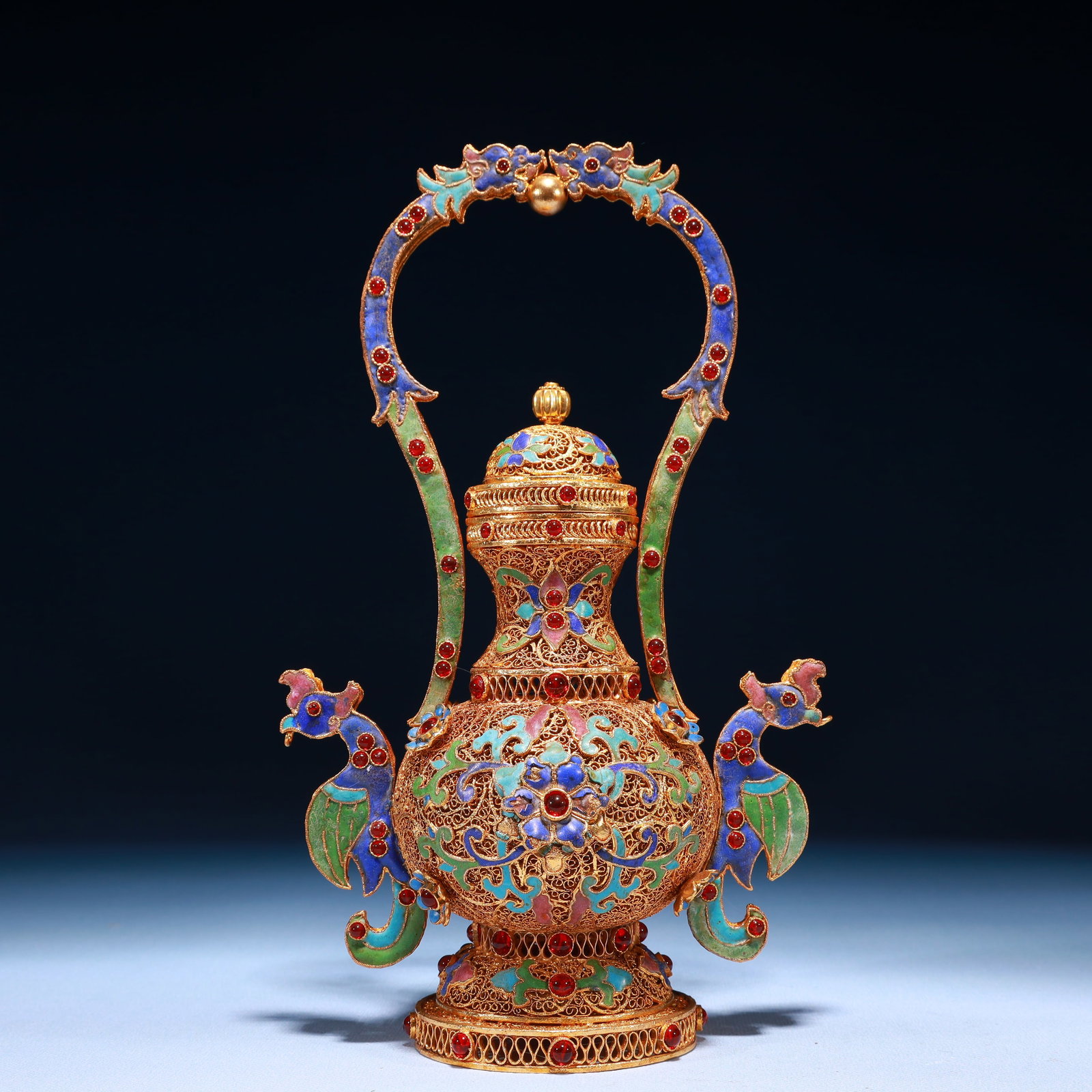 An Exquisite Filigree and Gilding Lotus Pattern Double-Ears Loop-Handled Vase,Inlaid Gems: An Exquisite Filigree and Gilding Lotus Pattern Double-Ears Loop-Handled Vase,Inlaid Gems,Qing Dynasty,China,Qianlong Four-character Mark,Size:6.3inx3.5inx10.6in,Weight:500g
