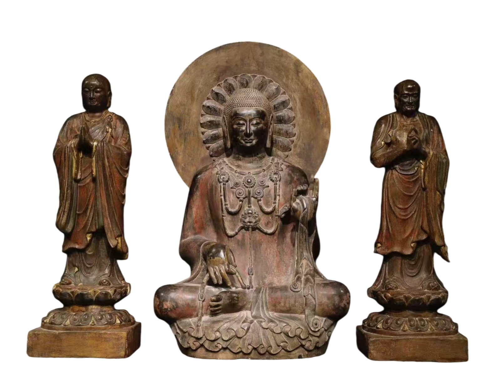 A Set of Solemn Limestone Painted Color Statue of Sakyamuni: A Set of Solemn Limestone Painted Color Statue of Sakyamuni,N.Qi , China,Size:45.3inx26.8inx19.7in,39.4inx13.4inx12.6in
