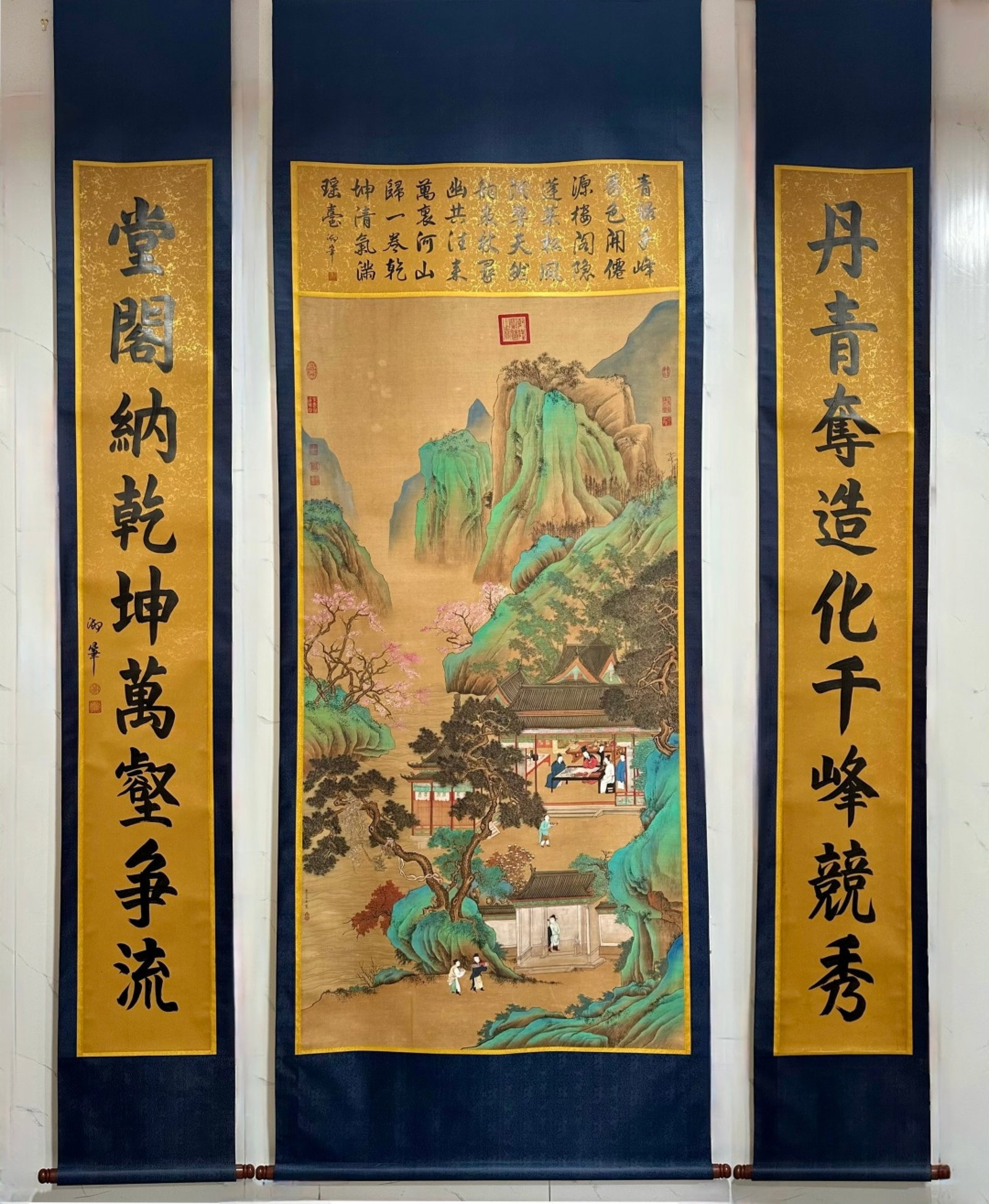 A Set of Chinese Vertical Scroll Ink Painting of Landscape and Figure on Silk: A Set of Chinese Vertical Scroll Ink Painting of Landscape and Figure on Silk,Chou Ying,Size:(entirety)119.3inx44.5in,(Without frame)77.2inx39.4in 一套中国水墨ń