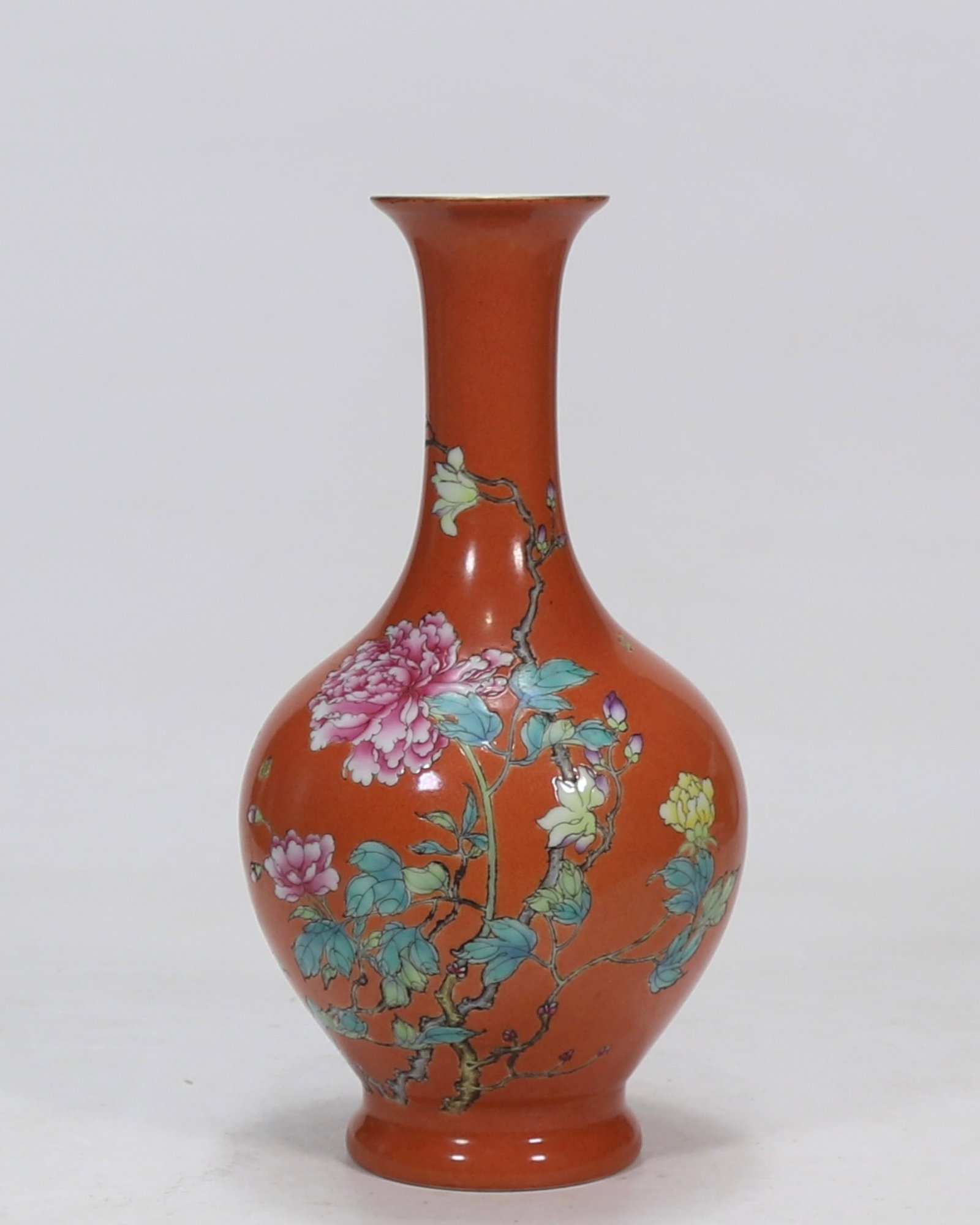 A fine cinnabar red ground floral and poetic inscription reward vase: A fine cinnabar red ground floral and poetic inscription reward vase, Qing Dynasty, China, with six-character Yongzheng reign mark, Size:10.2inx2.4in 砂红釉地花卉&#