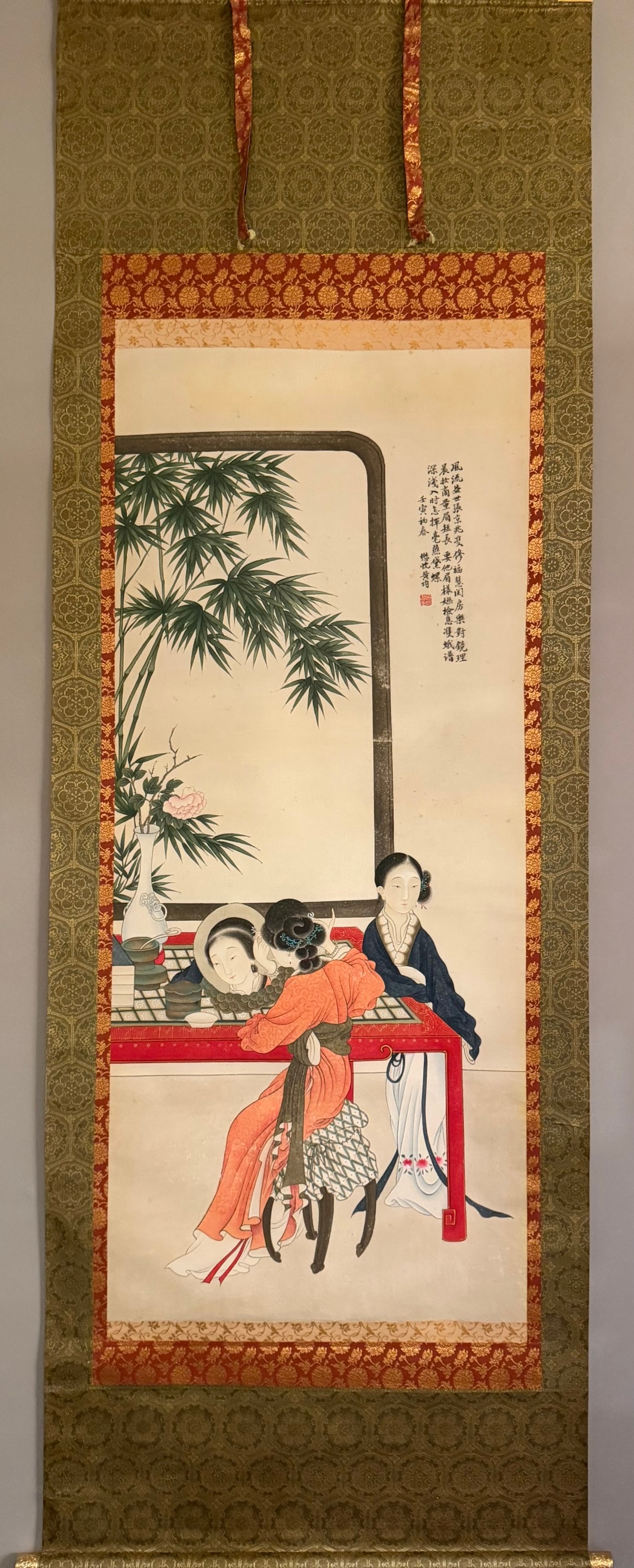 A Chinese Vertical Scroll Ink Painting of Character and Story on Paper: A Chinese Vertical Scroll Ink Painting of Character and Story on Paper,Huang Jun,Size:48inx20.5in 一幅中国水墨人物故事画立๘