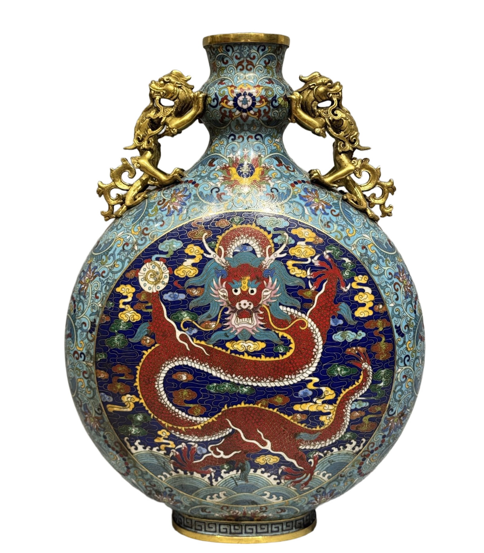 A Huge Cloisonne Lotus,Auspicious Cloud and Dragon Pattern Dragon-Ears Vase: A Huge Cloisonne Lotus,Auspicious Cloud and Dragon Pattern Dragon-Ears Vase,Qing Dynasty,China,Qianlong Six-character Mark,Size:14.2inx6.7inx18.9in,Weight:10.3kg 景泰蓝缠ੜ