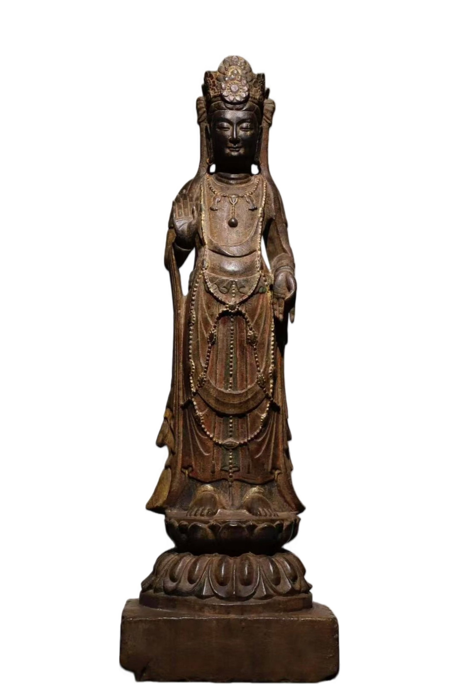 A Solemn Limestone Painted Color Statue of Avalokitesvara: A Solemn Limestone Painted Color Statue of Avalokitesvara,N.Qi , China,Size:40.2inx13inx11.8in 一尊庄严的青石彩绘观音像,中