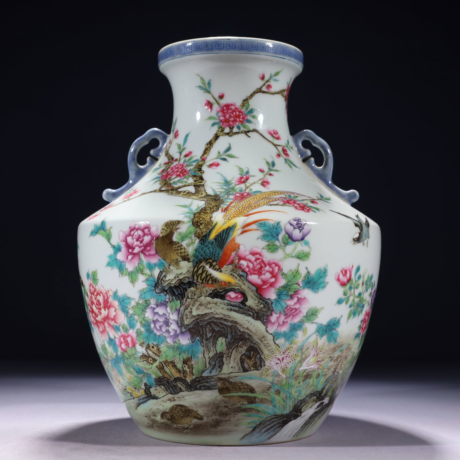 An Exquisite Famille-Rose Flower and Bird Pattern Double-Ears Vase,with poem: An Exquisite Famille-Rose Flower and Bird Pattern Double-Ears Vase,with poem,Qing Dynasty,China,Qianlong Six-character Mark,Size:8.3inx11.8in,Weight:3000g 粉彩花鸟纹Ö