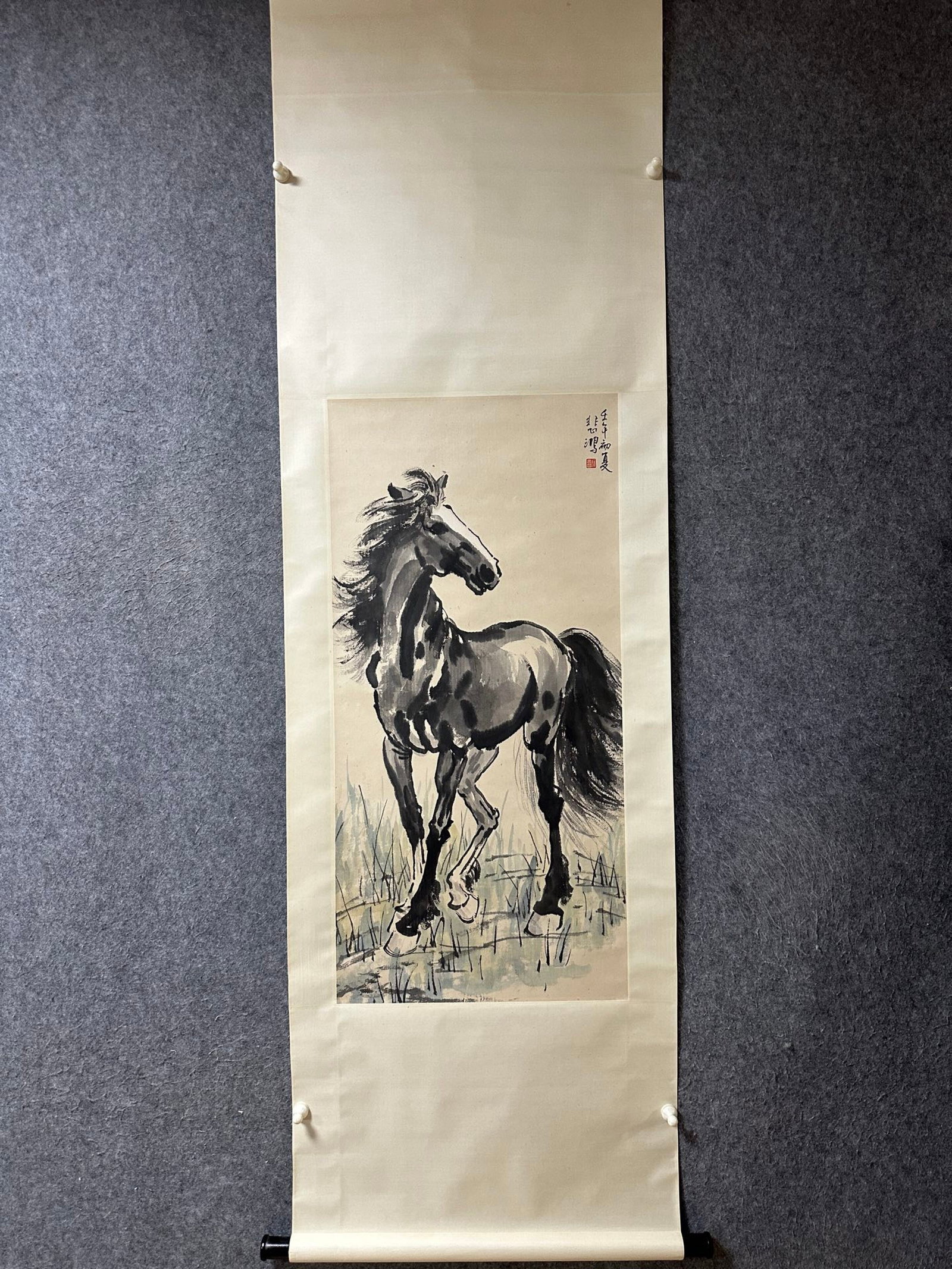 A Chinese Vertical Scroll Ink Painting of Horse on Paper: A Chinese Vertical Scroll Ink Painting of Horse on Paper,Xu Beihong,Size:37.8inx18.1in 一幅中国水墨骏马画立轴,徐悲鸿