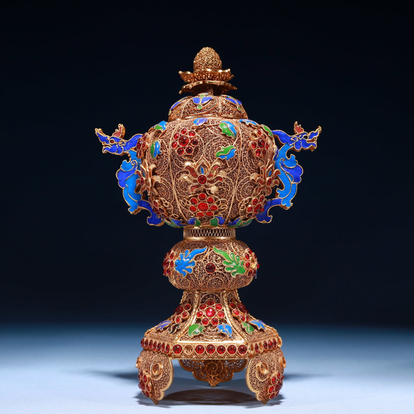 An Exquisite Filigree and Gilding Lotus Pattern Double-Ears and Tripod Ornament,Inlaid Gems: An Exquisite Filigree and Gilding Lotus Pattern Double-Ears and Tripod Ornament,Inlaid Gems,Qing Dynasty,China,Qianlong Four-character Mark,Size:5.9inx3.5inx9.8in,Weight:600g