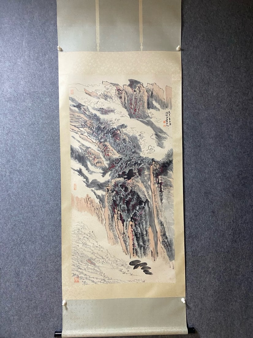 An Exquisite Chinese Vertical Scroll Ink Painting of Landscape on Paper: An Exquisite Chinese Vertical Scroll Ink Painting of Landscape on Paper,Lu Yanshao,Size:53.9inx26.8in 一幅中国水墨山水画立轴,陆&