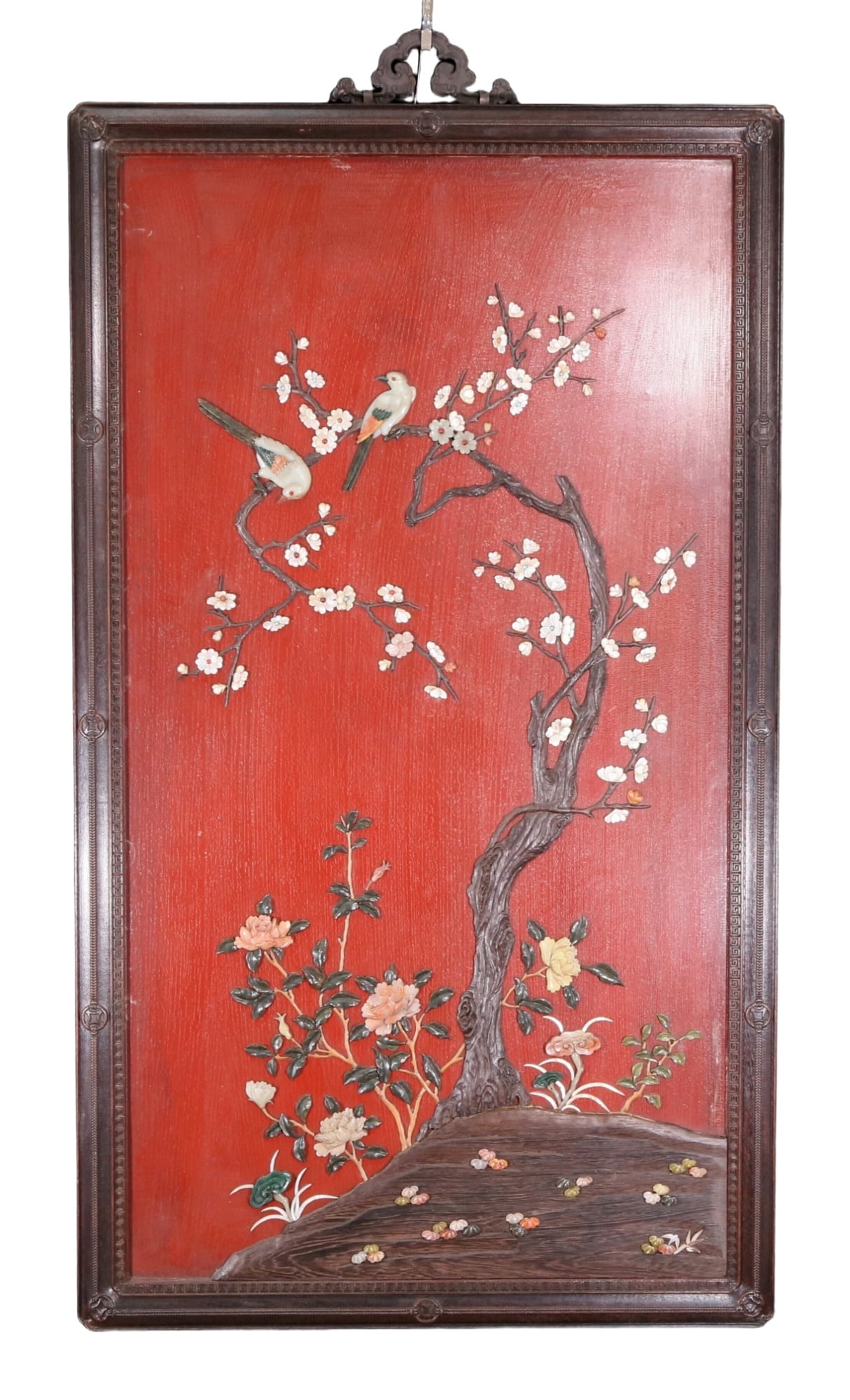 An exquisite zitanwood wood lacquer-embedded hanging screen with landscape, flower and bird patterns: An exquisite lacquered zitanwood hanging screen with landscape, flower and bird patterns inlaid with gems, Qing Dynasty , China. This exquisite hanging screen is a masterpiece of Chinese Qing Dynasty 