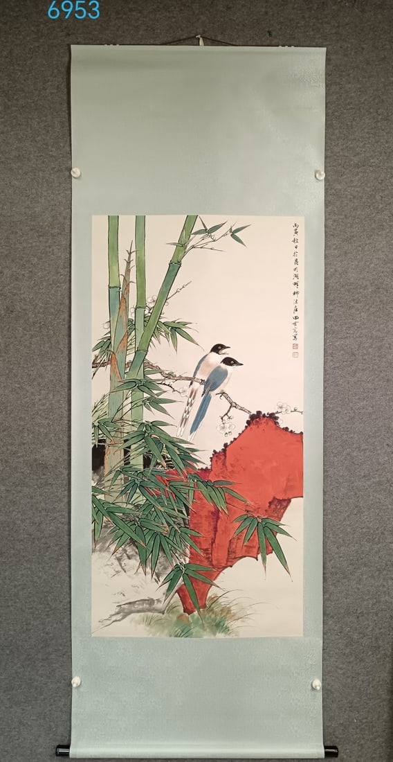 A Chinese Vertical Scroll Ink Painting of Flower and Bird on Paper: A Chinese Vertical Scroll Ink Painting of Flower and Bird on Paper,Tian Shiguang,Size:53.1inx26.8in