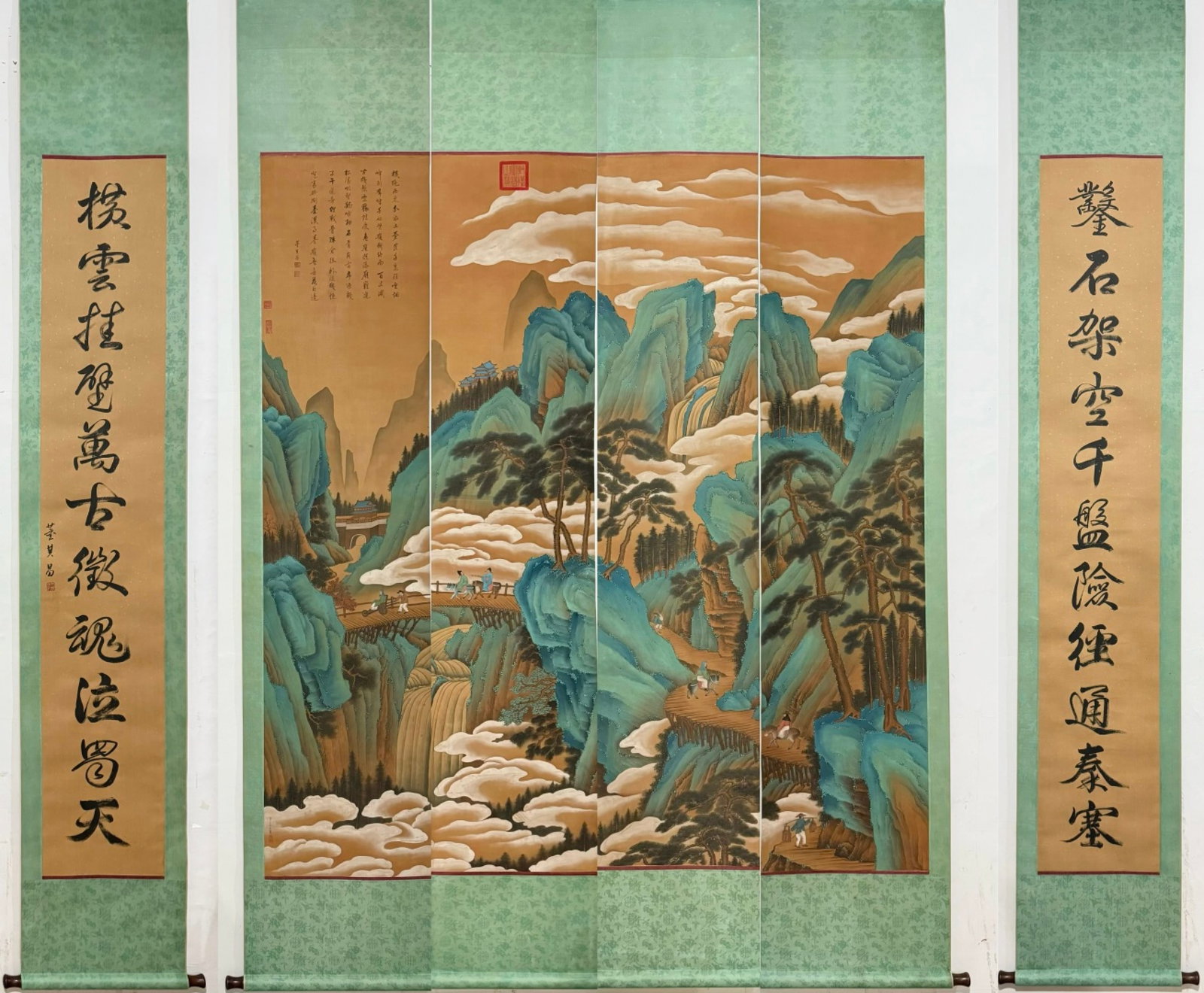 A Set of Chinese Vertical Scroll Ink Painting of Landscape on Paper: A Set of Chinese Vertical Scroll Ink Painting of Landscape on Paper,Chou Ying,Size:(entirety)77.2inx107.1in,(Without frame)72.8inx77.2in 一套中国水墨山水
