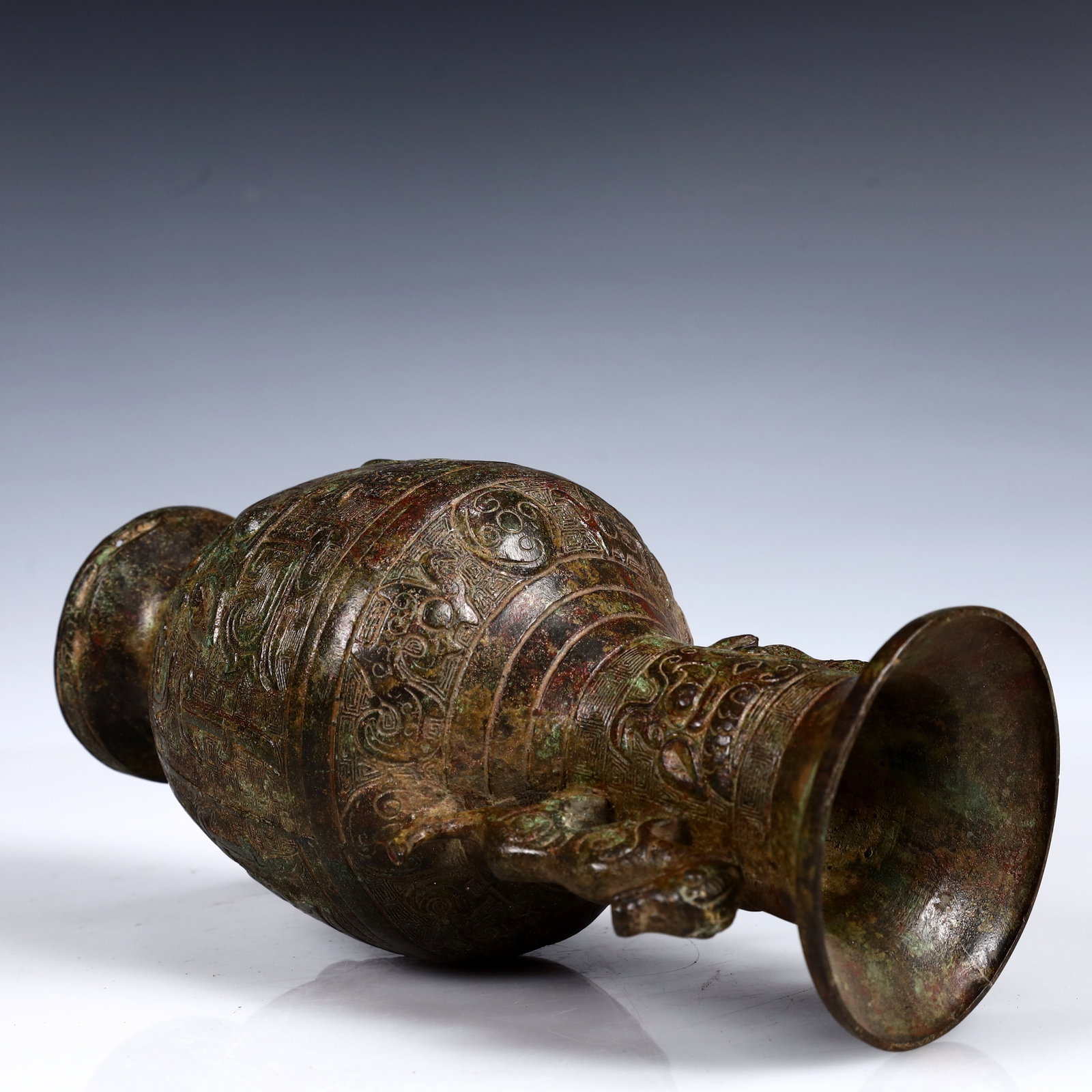 A Rare Bronze Beast-Face Pattern Double-Ears Vase - 10