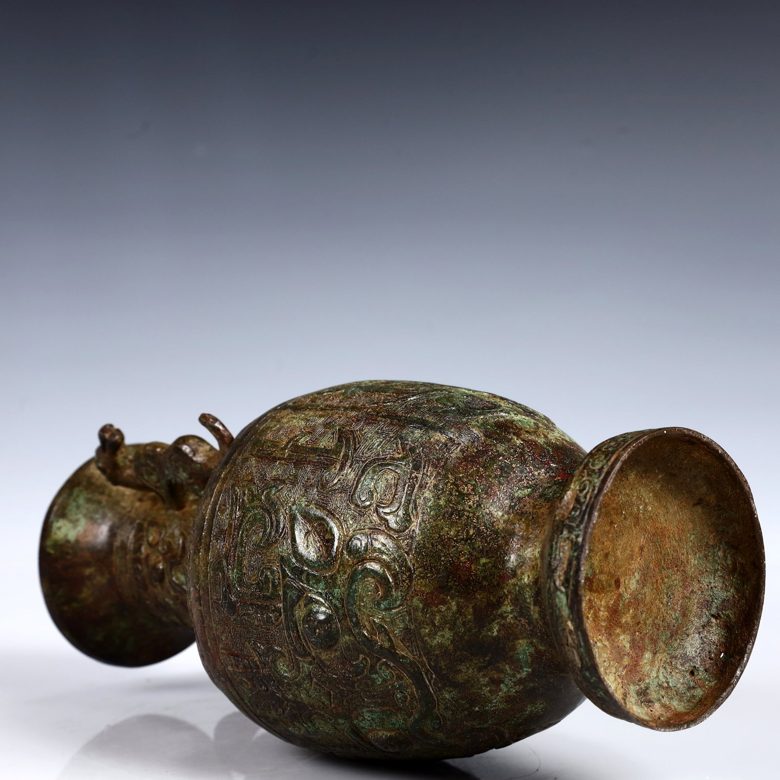 A Rare Bronze Beast-Face Pattern Double-Ears Vase - 11