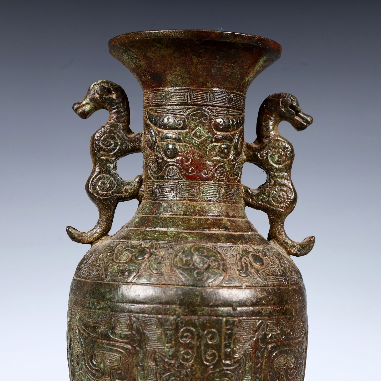 A Rare Bronze Beast-Face Pattern Double-Ears Vase - 2