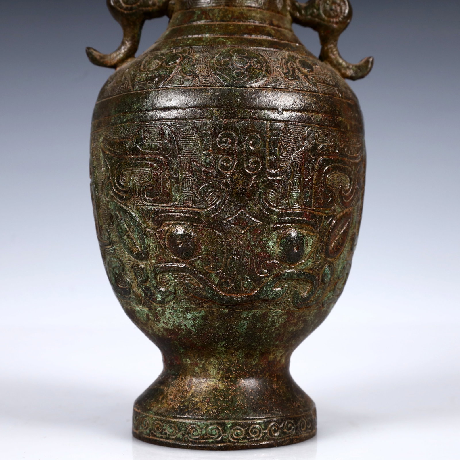 A Rare Bronze Beast-Face Pattern Double-Ears Vase - 3