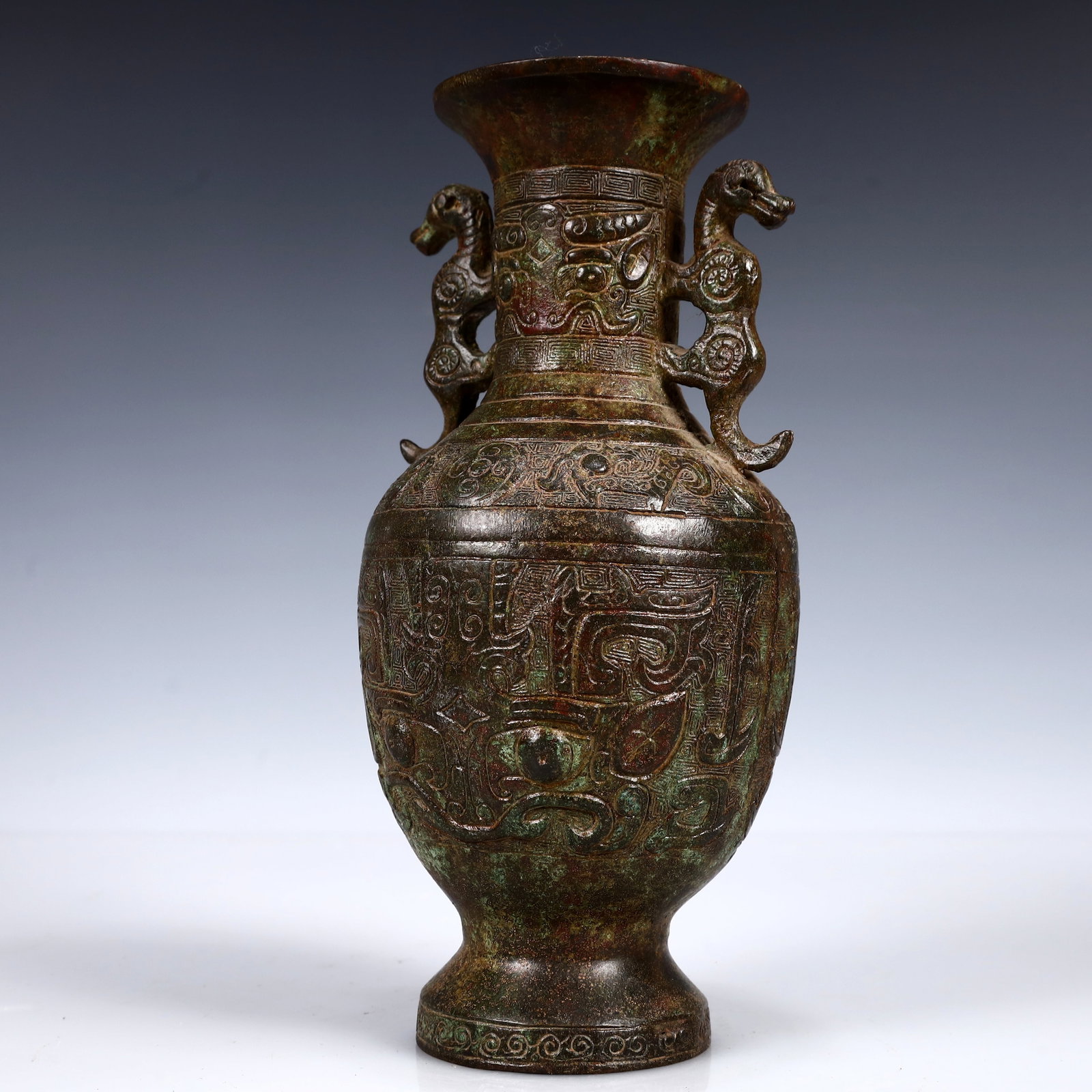 A Rare Bronze Beast-Face Pattern Double-Ears Vase - 4