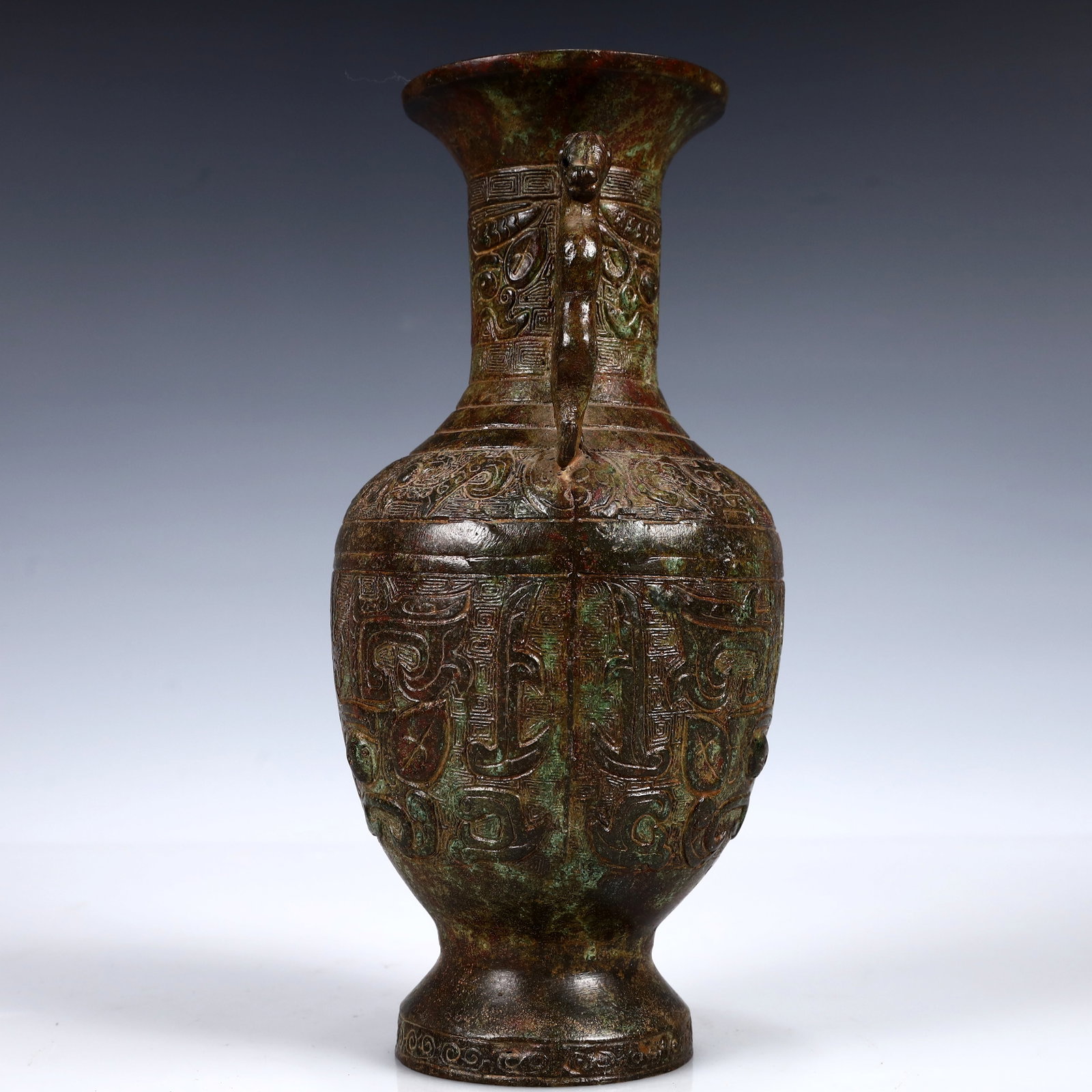 A Rare Bronze Beast-Face Pattern Double-Ears Vase - 5