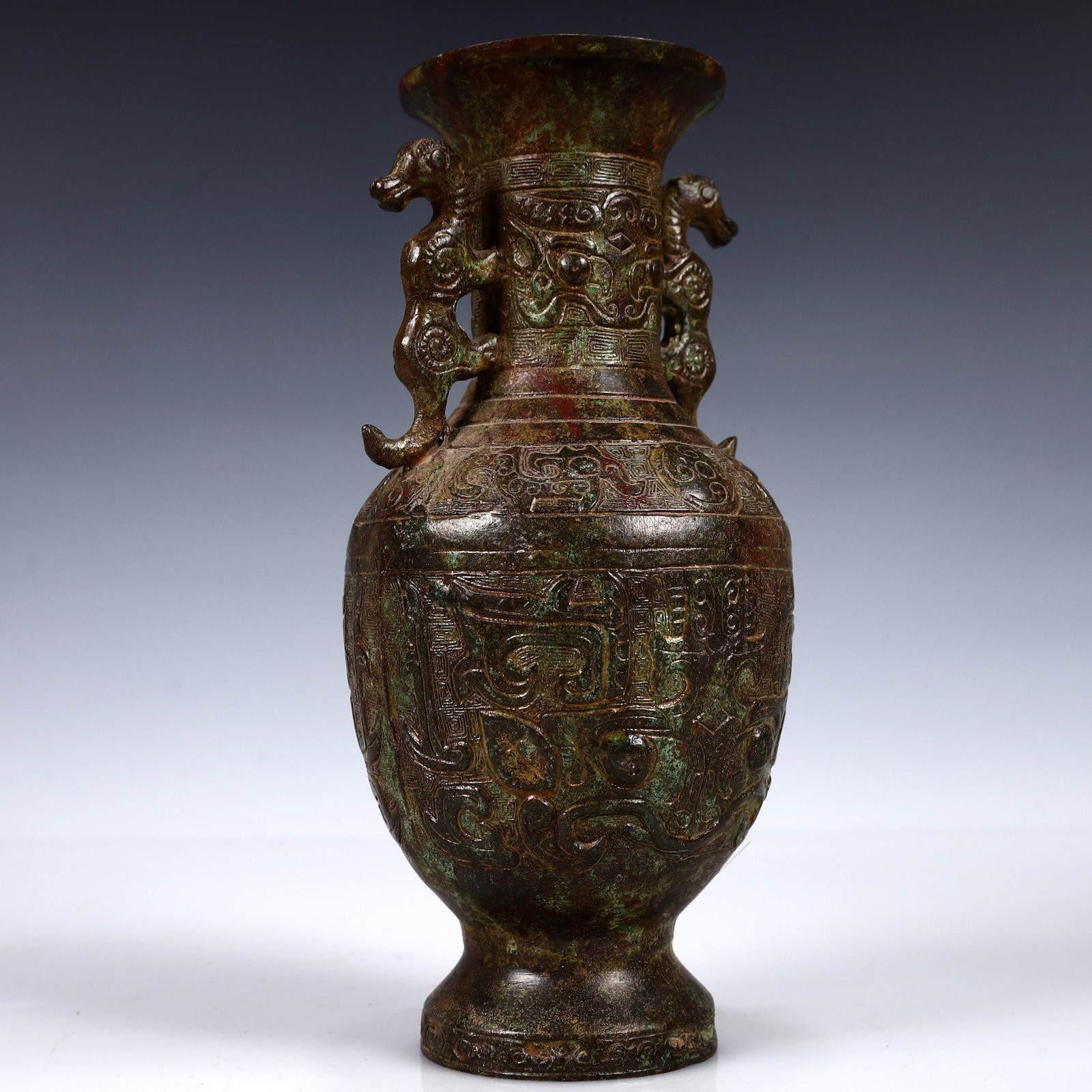 A Rare Bronze Beast-Face Pattern Double-Ears Vase - 6