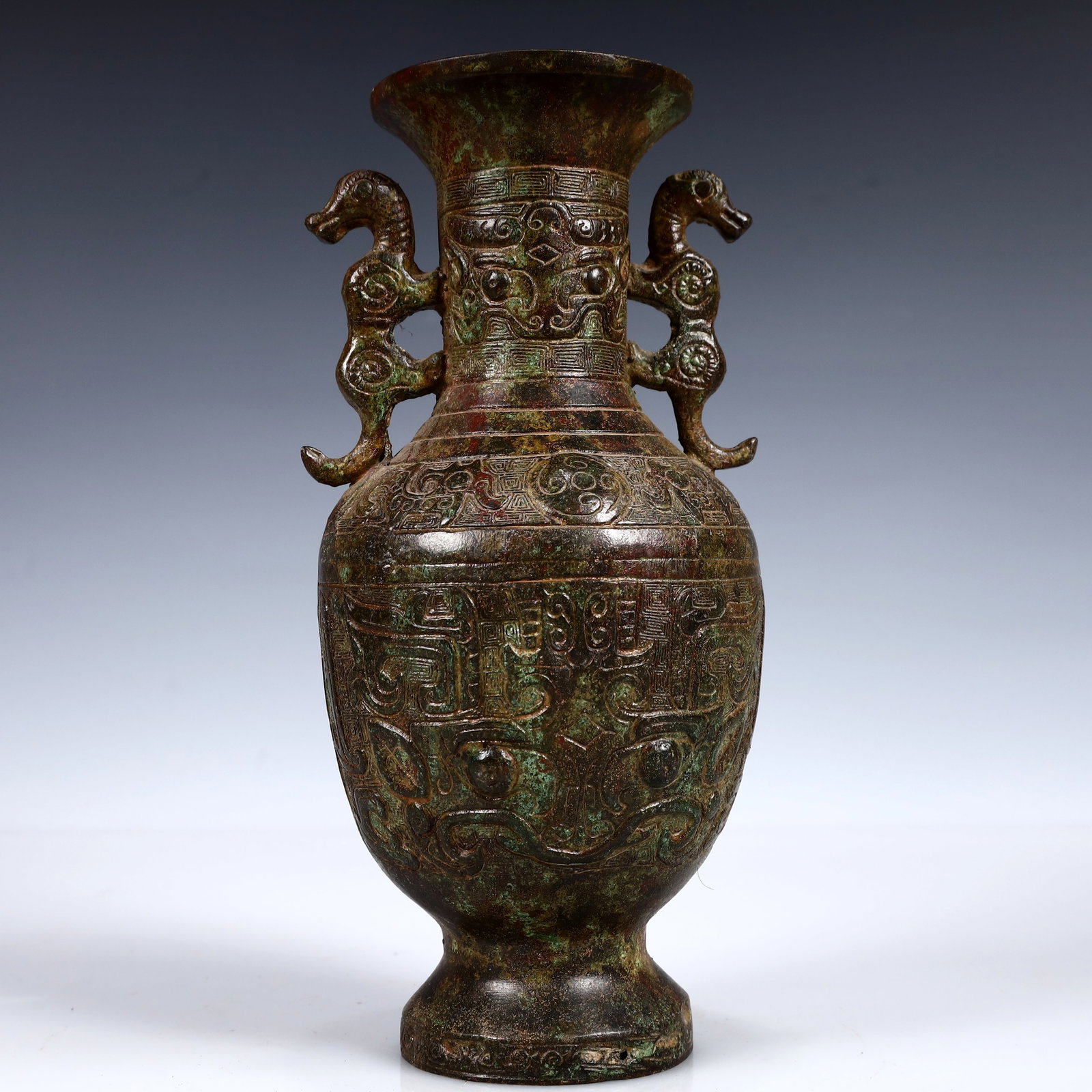 A Rare Bronze Beast-Face Pattern Double-Ears Vase - 7