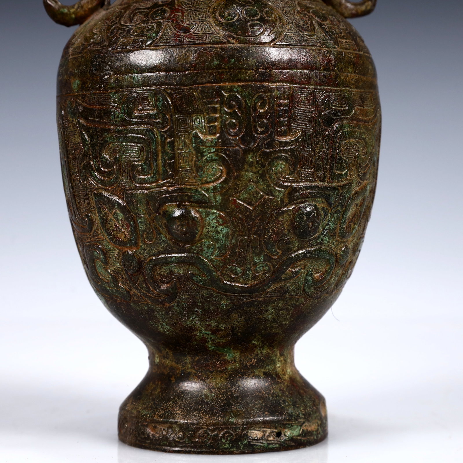 A Rare Bronze Beast-Face Pattern Double-Ears Vase - 8