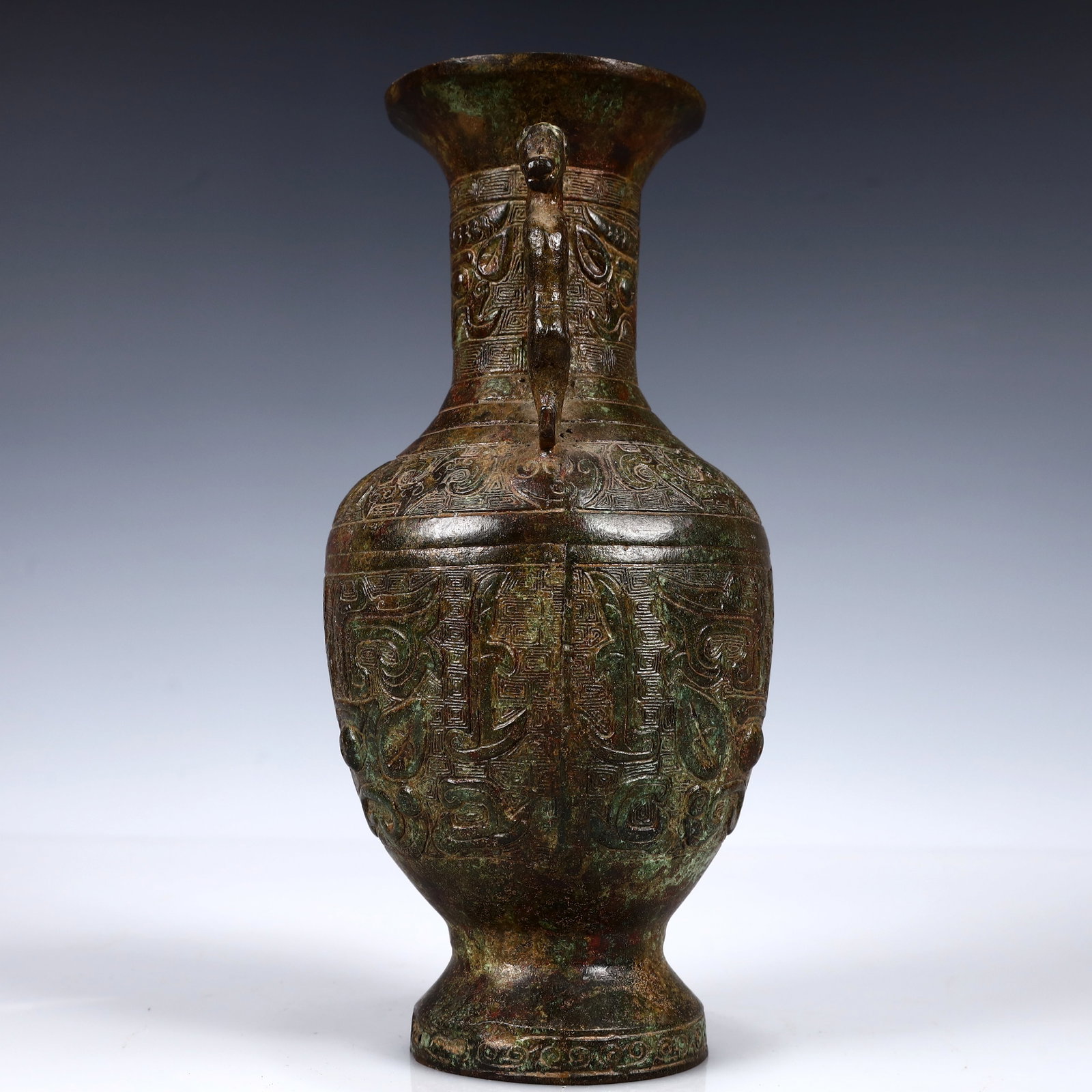 A Rare Bronze Beast-Face Pattern Double-Ears Vase - 9