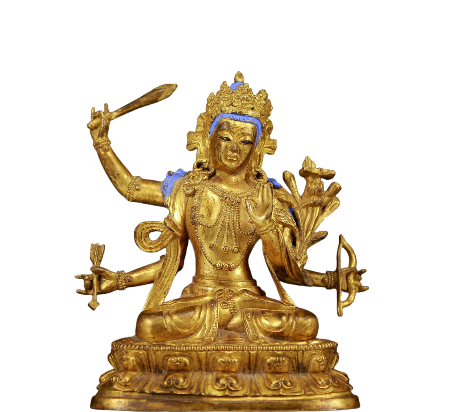 An Exquisite Gilt Bronze Statue of Four-Armed Manjusri: An Exquisite Gilt Bronze Statue of Four-Armed Manjusri,Ming Dynasty, China,Size:4.3inx3.1inx5.5in,Weight:870g 铜鎏金四臂文殊菩萨像，&#