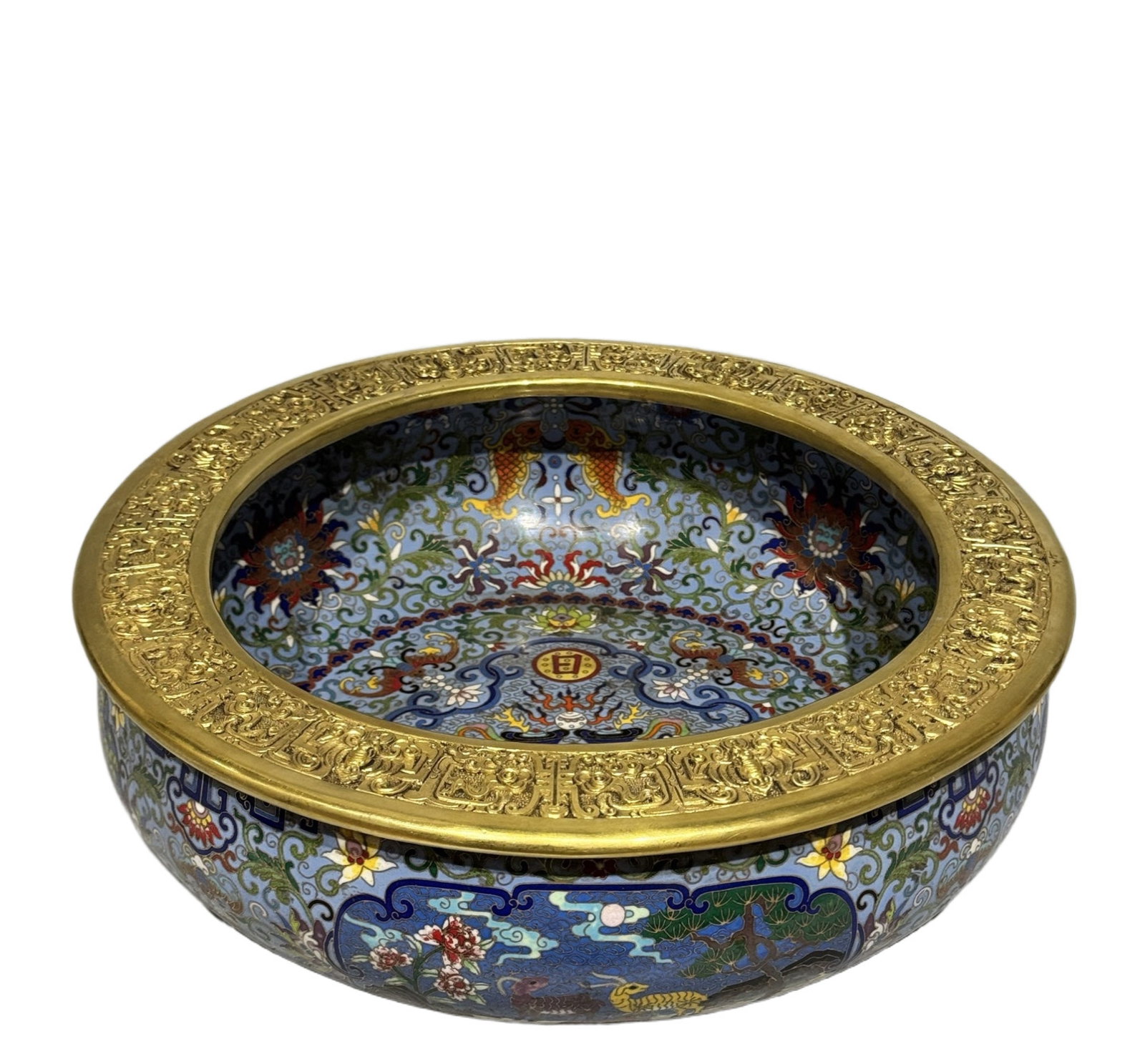 A Rare Cloisonne Lotus and Animal Pattern Basin: A Rare Cloisonne Lotus and Animal Pattern Basin,Qing Dynasty,China,Size:5.1inx15in,Weight:10kg