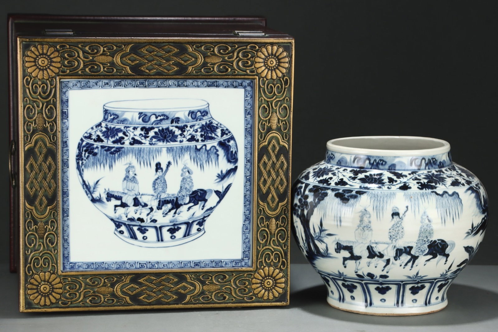 An Exquisite Blue and White Lotus Pattern Character and Story Pattern Jar: An Exquisite Blue and White Lotus Pattern Character and Story Pattern Jar,Yuan Dynasty,China,Size:10.7inx12.9in 青花缠枝莲纹人物故事纹