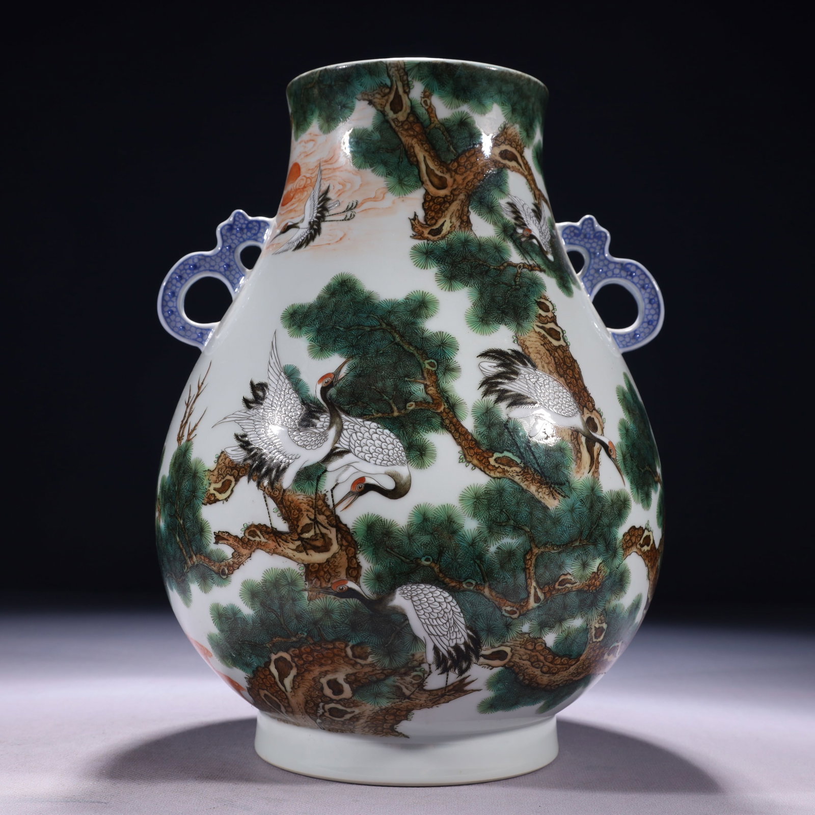 An Exquisite Enamel Pine and Crane Pattern Double-Ears Vase,with poem: An Exquisite Enamel Pine and Crane Pattern Double-Ears Vase,with poem,Qing Dynasty,China,Yongzheng Six-character Mark,Size:7.9inx11.8in,Weight:2250g